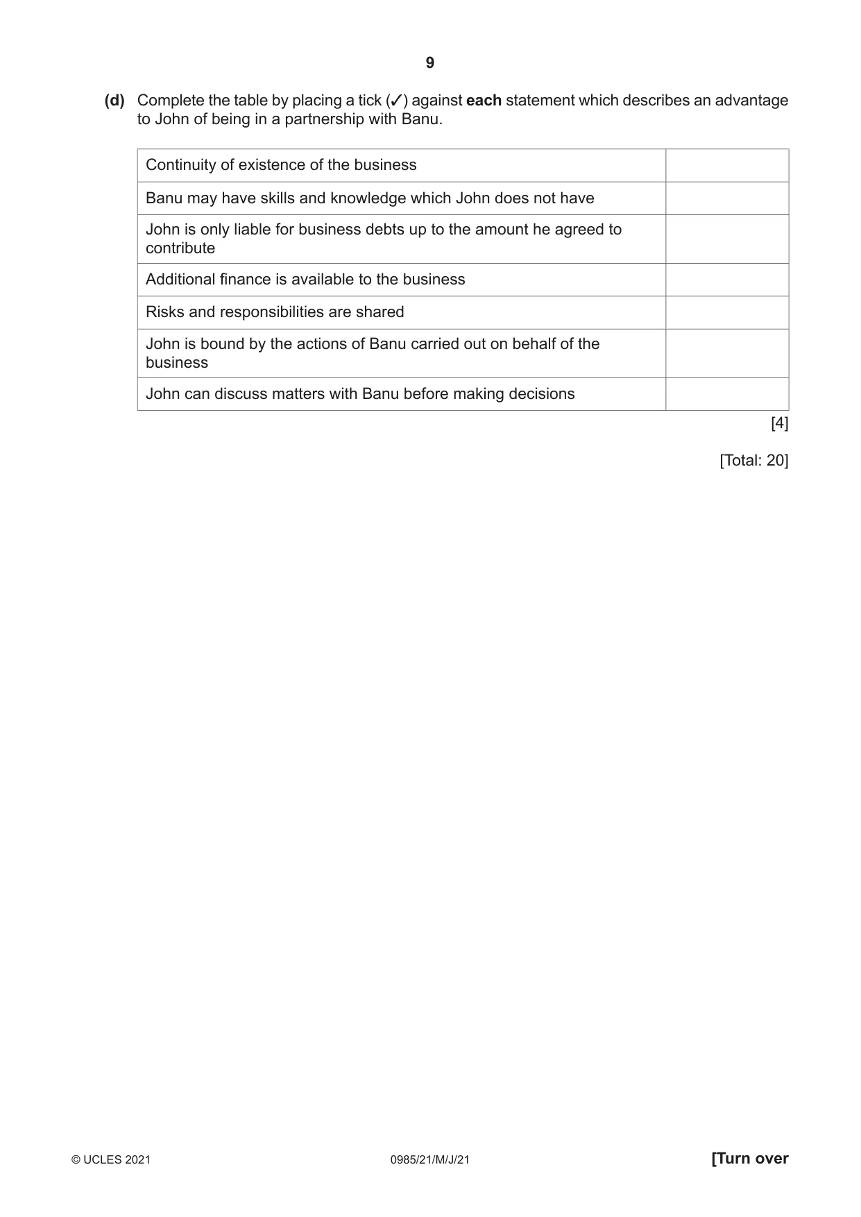 Cambridge IGCSE Accounting (9-1) 0985 2021 May/June Paper 2 · Variant 1 question paper, page 9 of 24