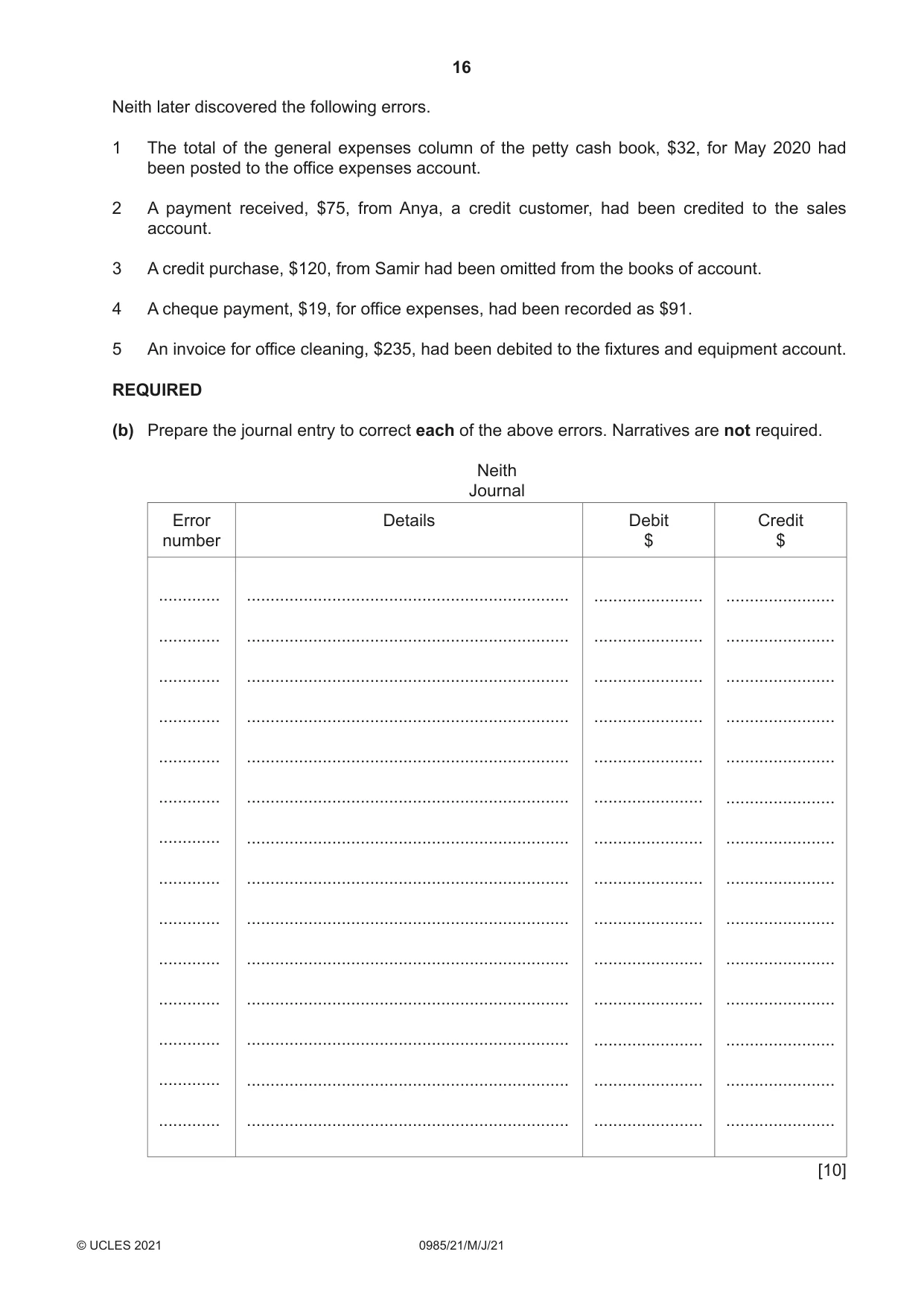 Cambridge IGCSE Accounting (9-1) 0985 2021 May/June Paper 2 · Variant 1 question paper, page 16 of 24