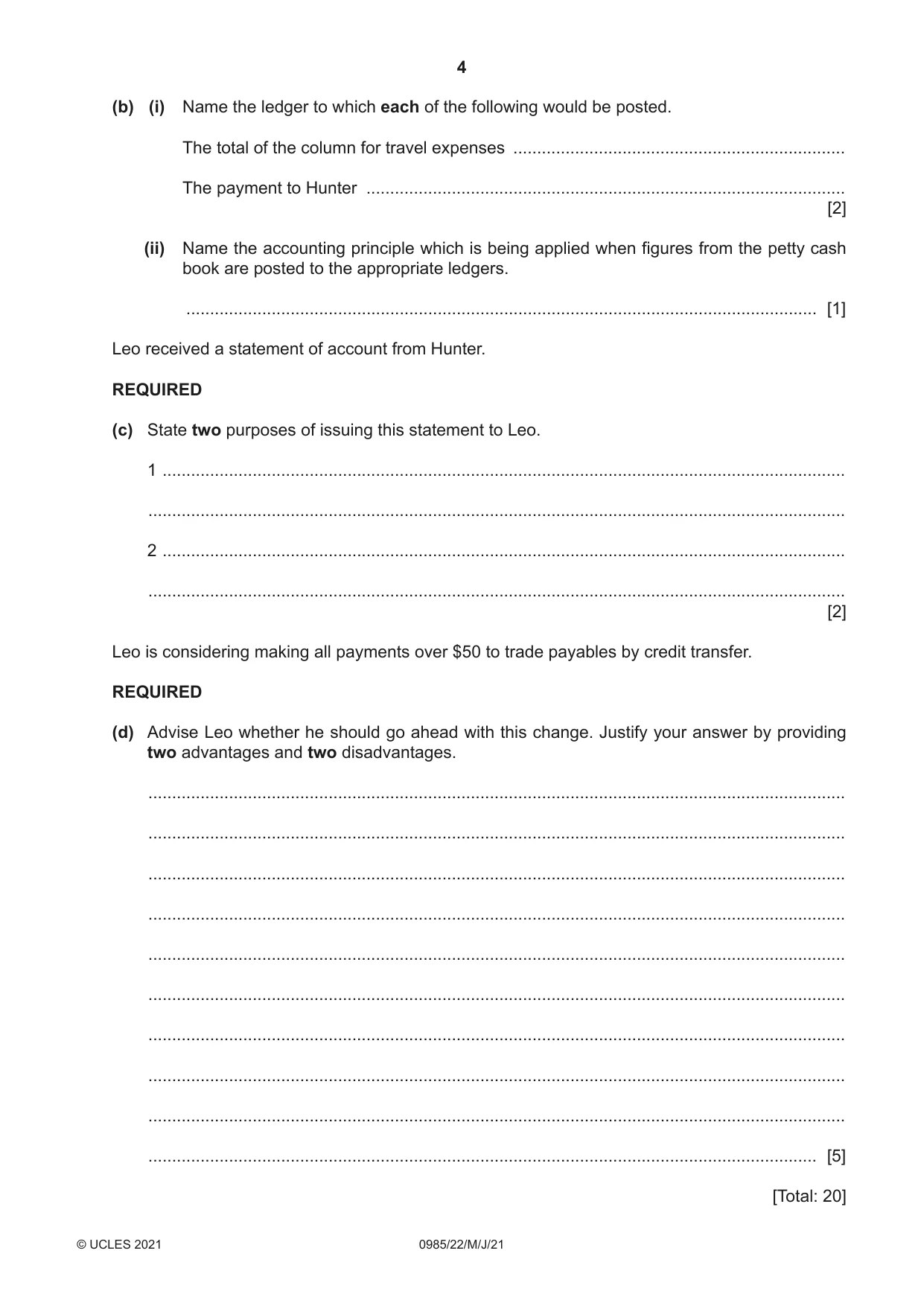 Cambridge IGCSE Accounting (9-1) 0985 2021 May/June Paper 2 · Variant 2 question paper, page 4 of 16
