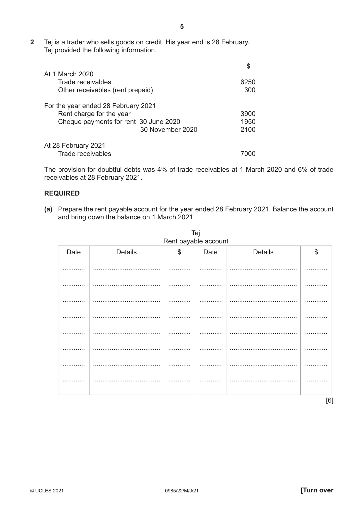 Cambridge IGCSE Accounting (9-1) 0985 2021 May/June Paper 2 · Variant 2 question paper, page 5 of 16