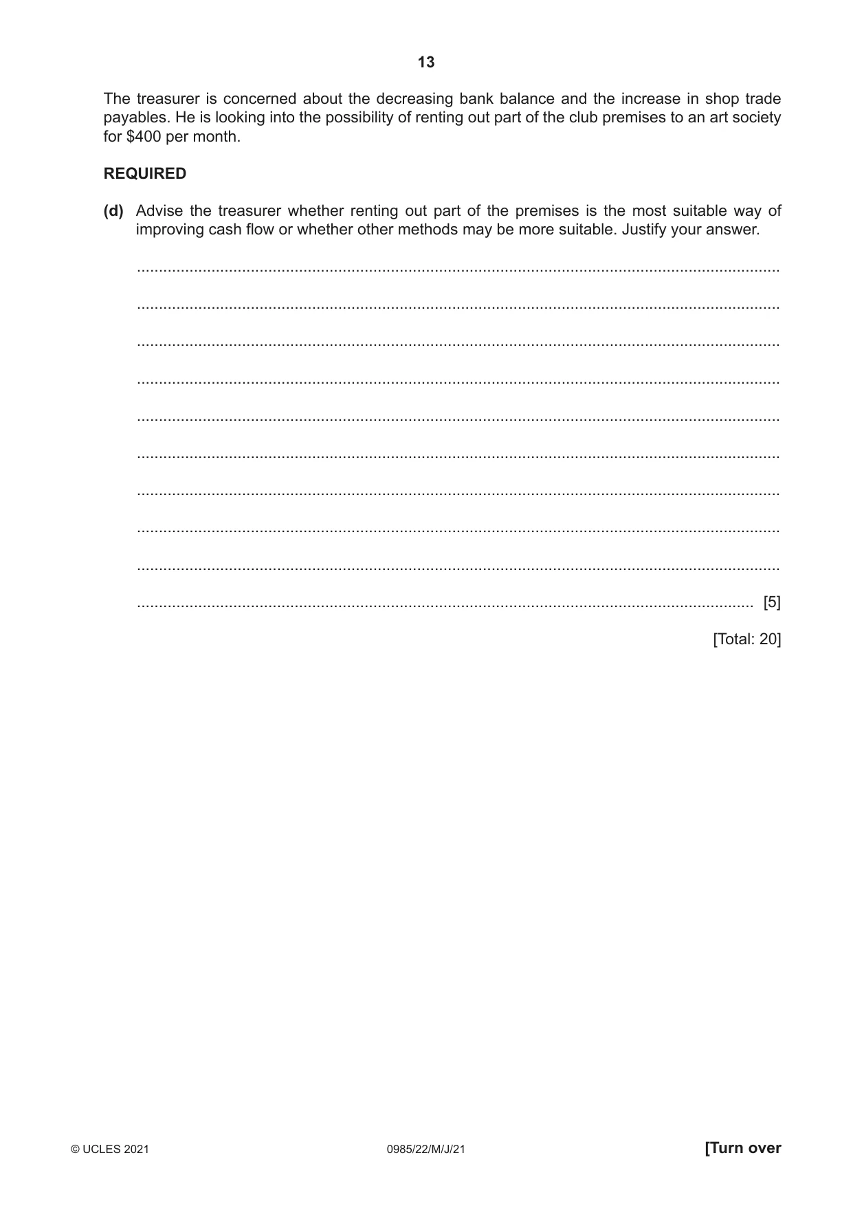 Cambridge IGCSE Accounting (9-1) 0985 2021 May/June Paper 2 · Variant 2 question paper, page 13 of 16