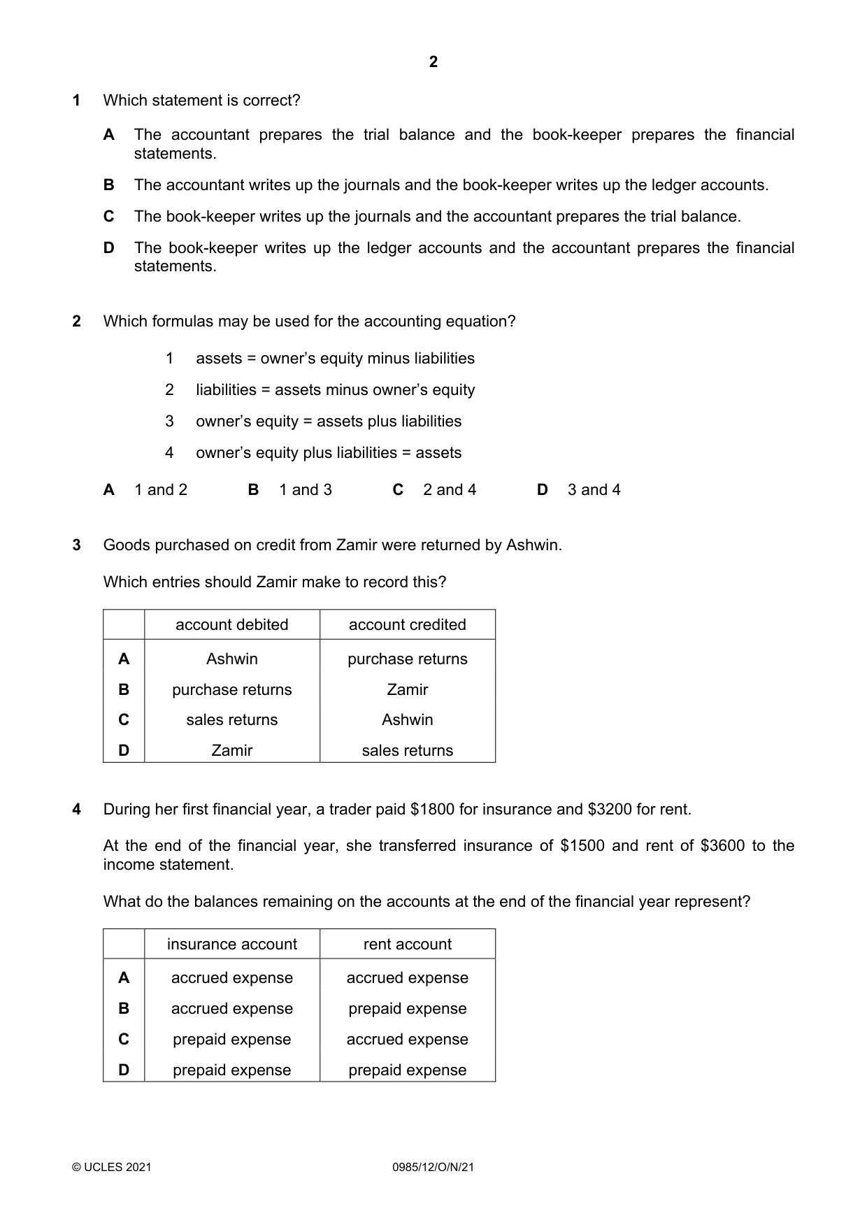 Cambridge IGCSE Accounting (9-1) 0985 2021 Oct/Nov Paper 1 · Variant 2 question paper, page 2 of 12