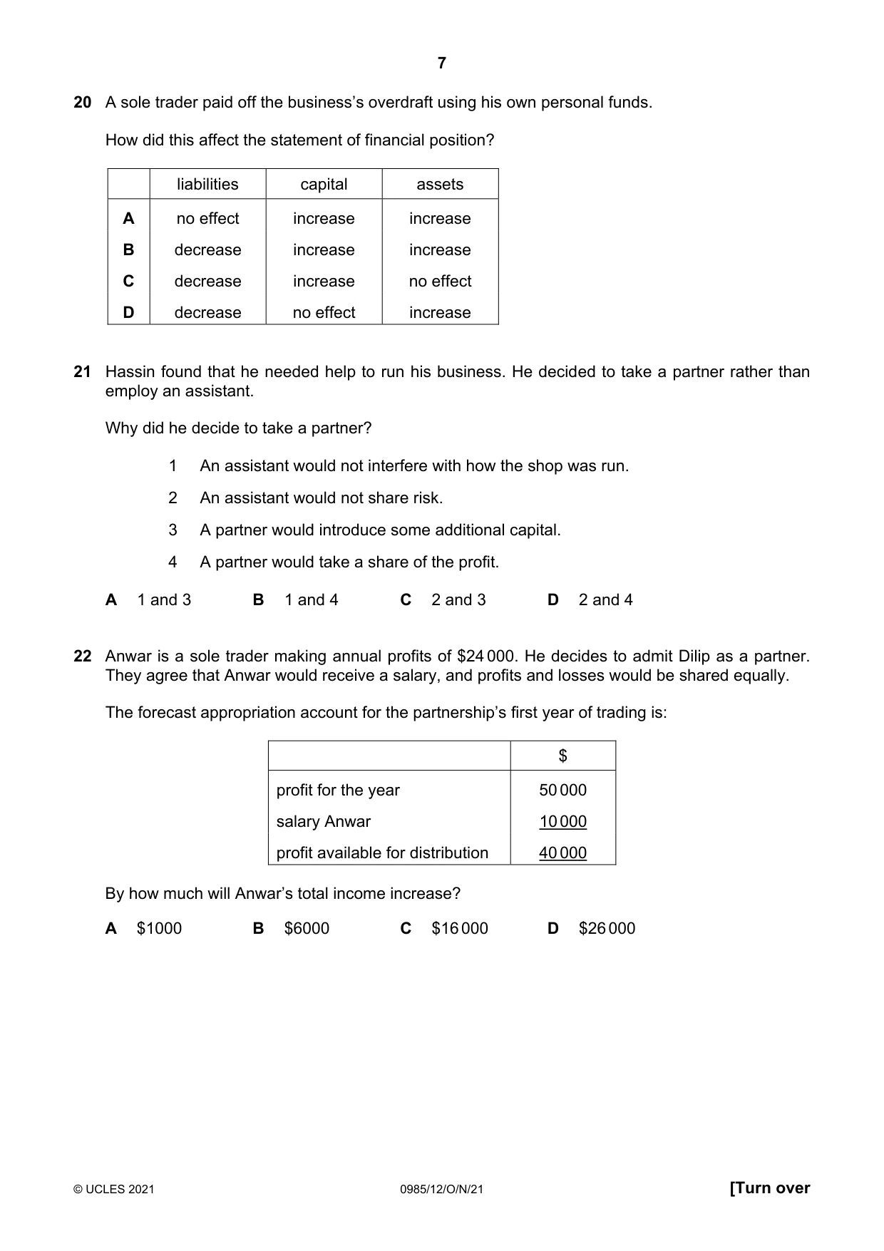 Cambridge IGCSE Accounting (9-1) 0985 2021 Oct/Nov Paper 1 · Variant 2 question paper, page 7 of 12