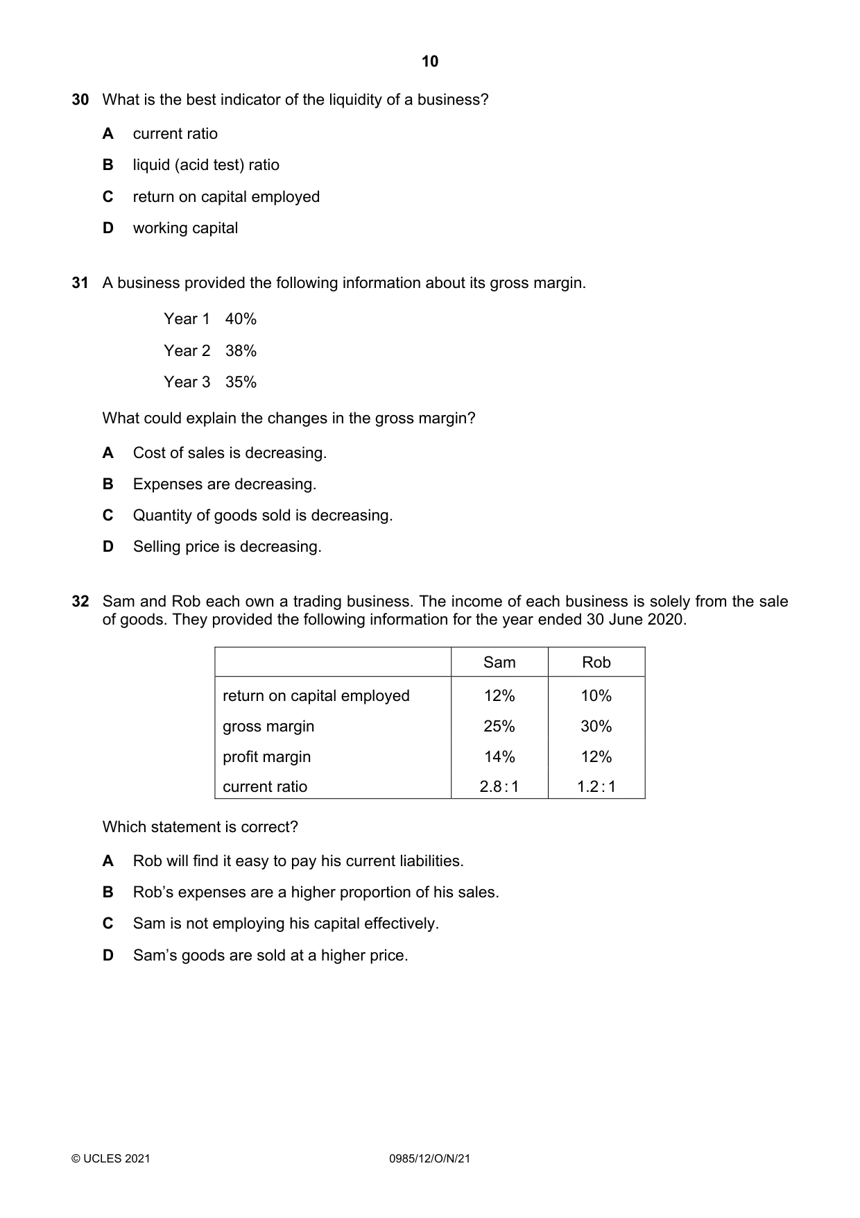 Cambridge IGCSE Accounting (9-1) 0985 2021 Oct/Nov Paper 1 · Variant 2 question paper, page 10 of 12