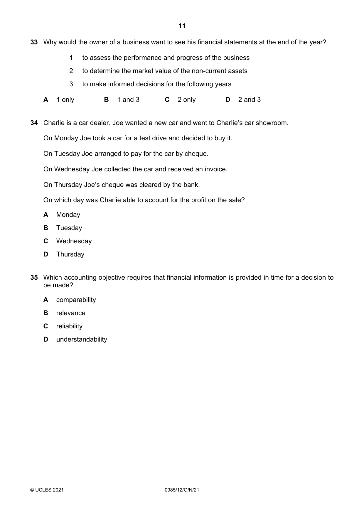 Cambridge IGCSE Accounting (9-1) 0985 2021 Oct/Nov Paper 1 · Variant 2 question paper, page 11 of 12