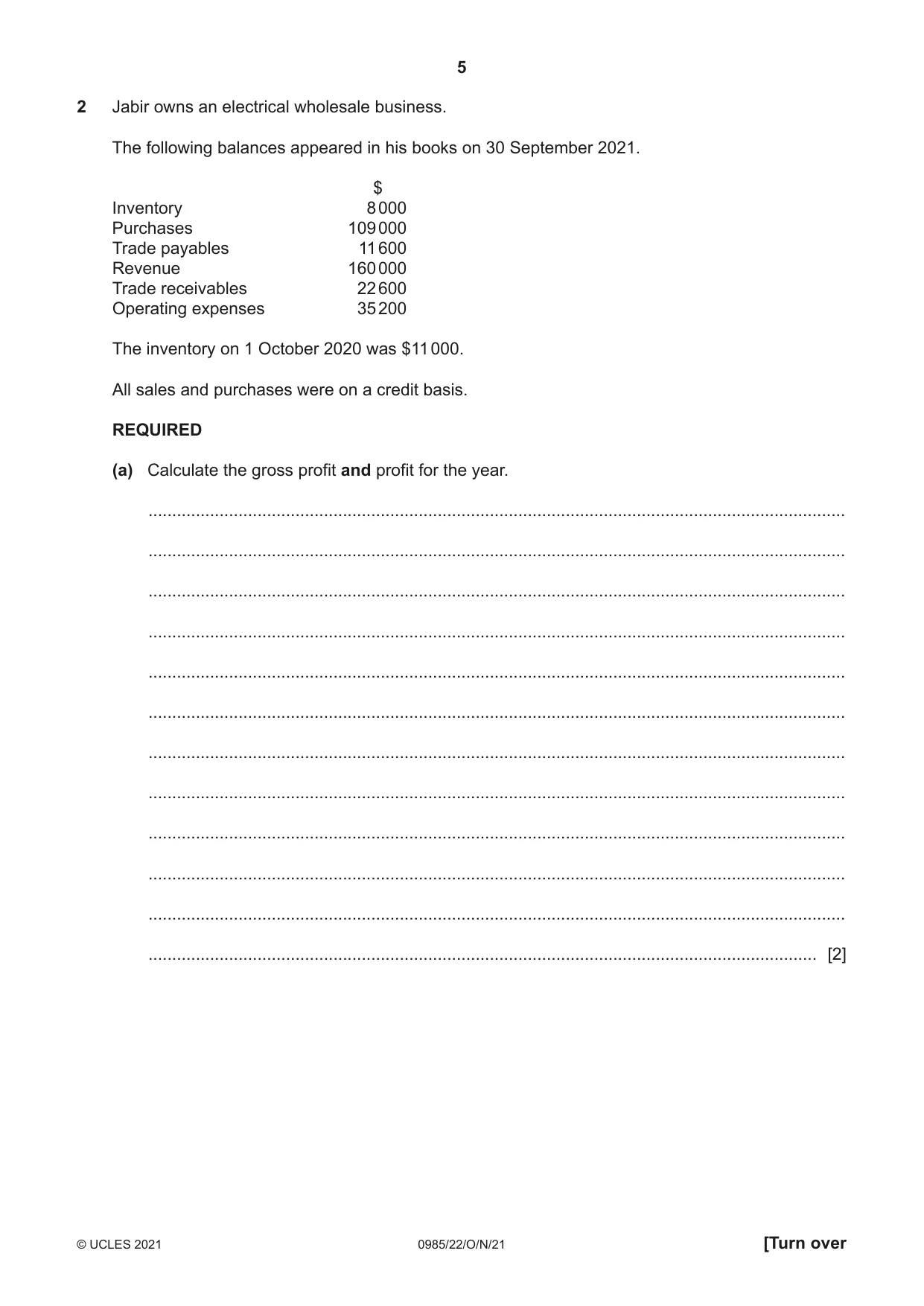 Cambridge IGCSE Accounting (9-1) 0985 2021 Oct/Nov Paper 2 · Variant 2 question paper, page 5 of 20