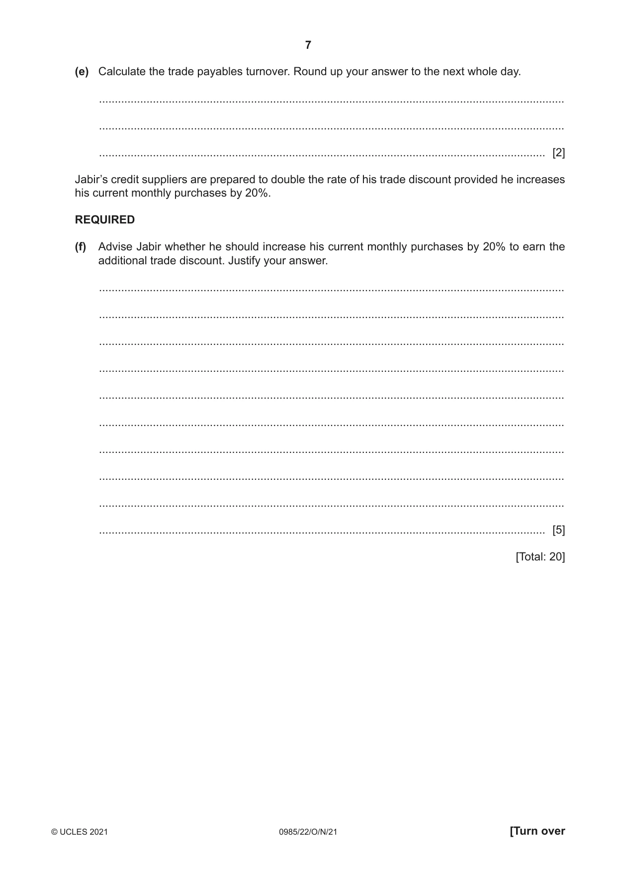 Cambridge IGCSE Accounting (9-1) 0985 2021 Oct/Nov Paper 2 · Variant 2 question paper, page 7 of 20