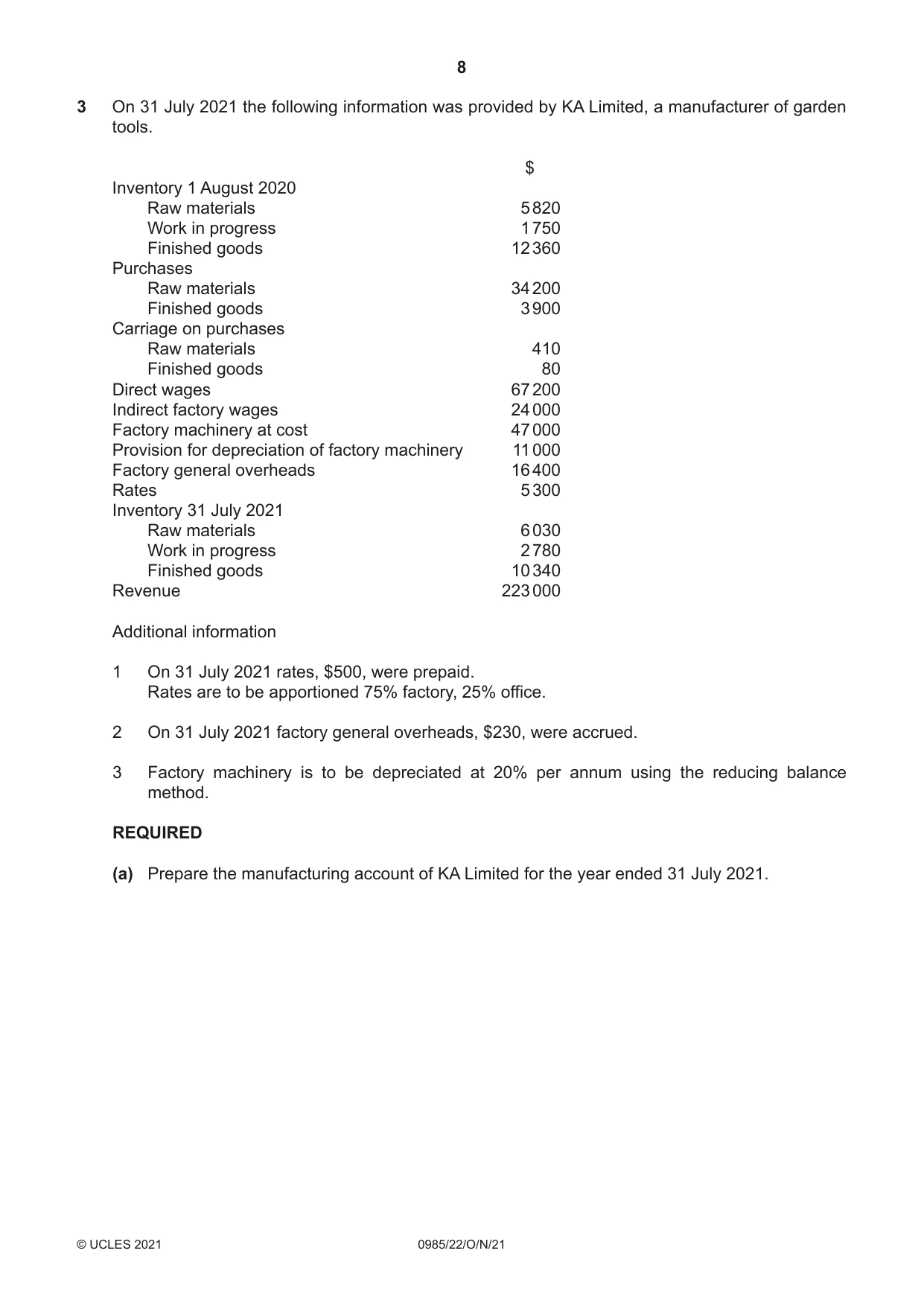 Cambridge IGCSE Accounting (9-1) 0985 2021 Oct/Nov Paper 2 · Variant 2 question paper, page 8 of 20