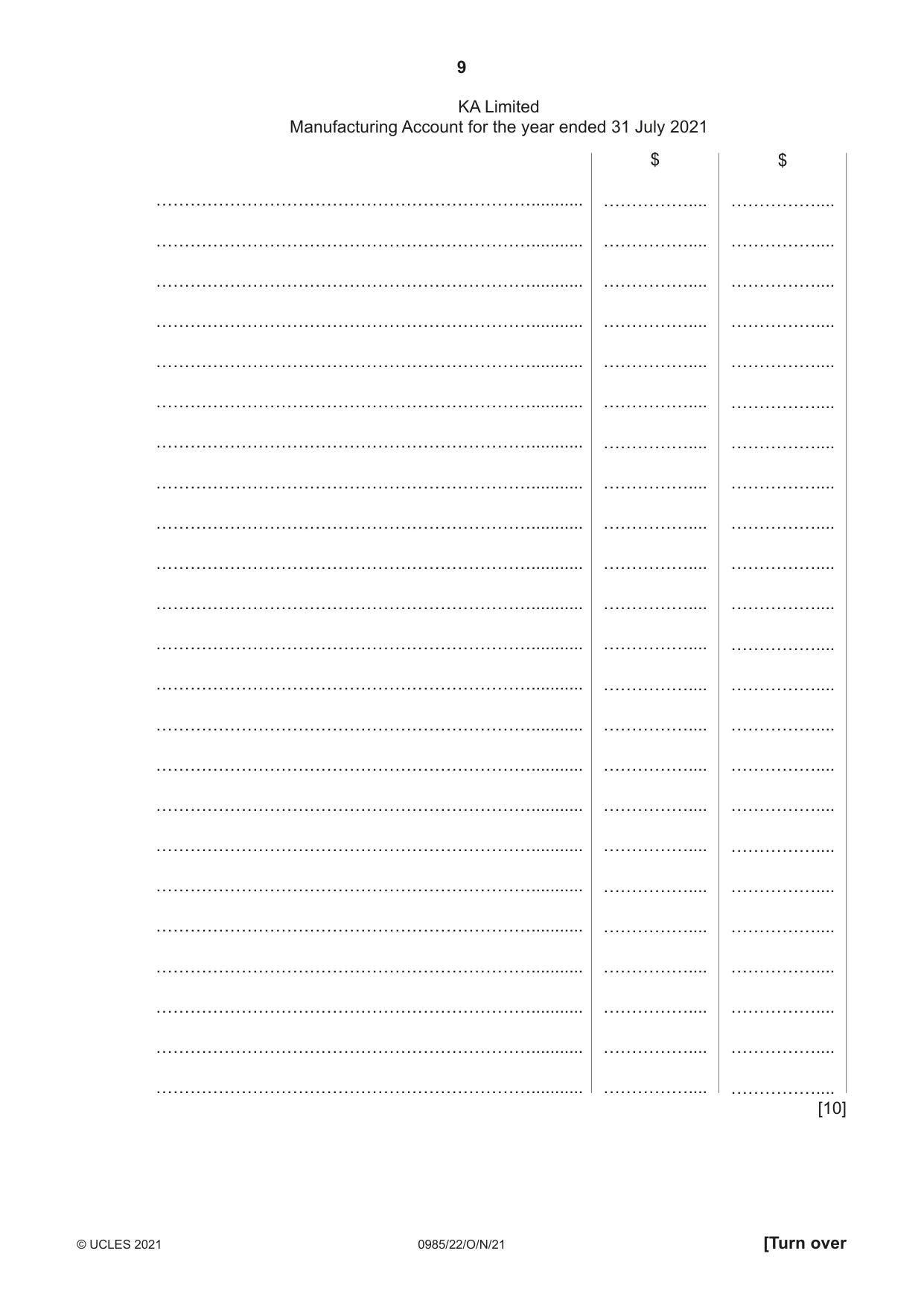 Cambridge IGCSE Accounting (9-1) 0985 2021 Oct/Nov Paper 2 · Variant 2 question paper, page 9 of 20