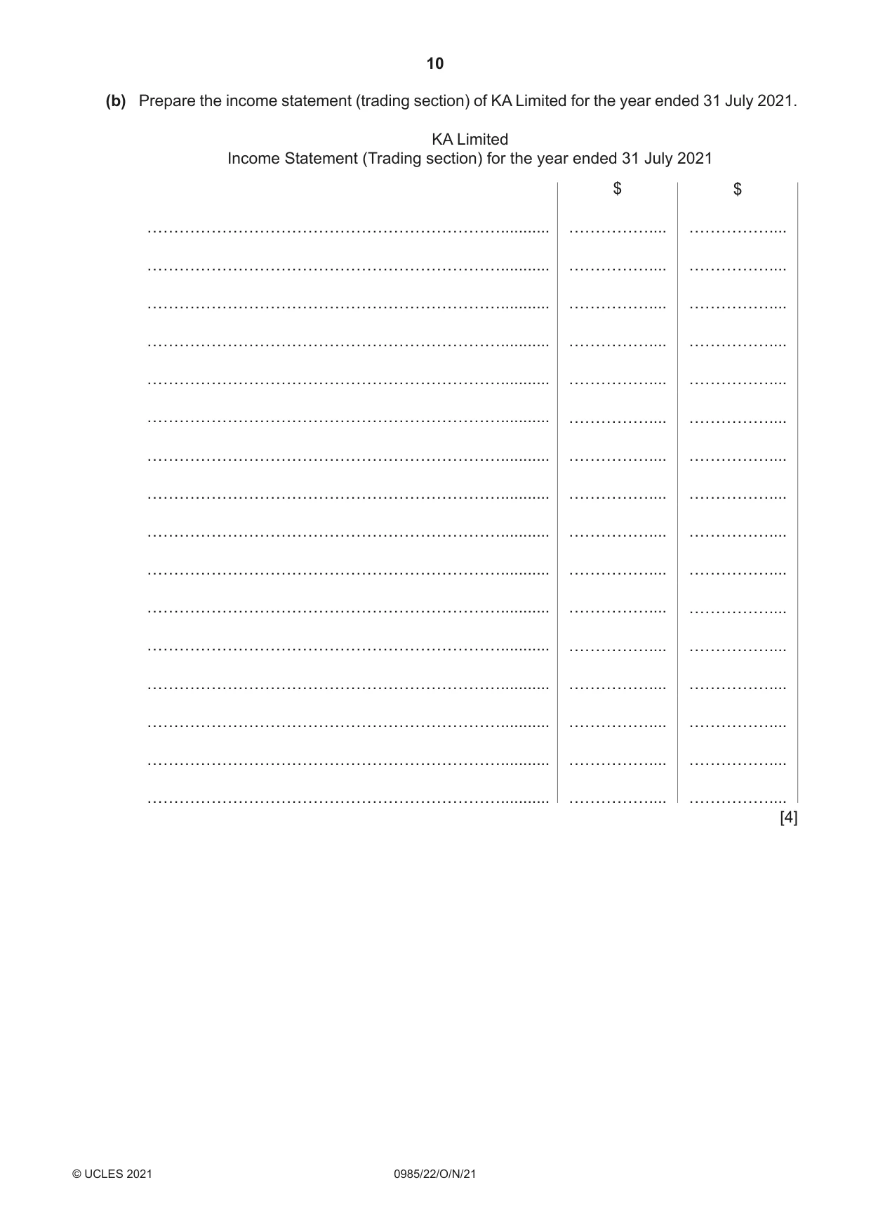 Cambridge IGCSE Accounting (9-1) 0985 2021 Oct/Nov Paper 2 · Variant 2 question paper, page 10 of 20