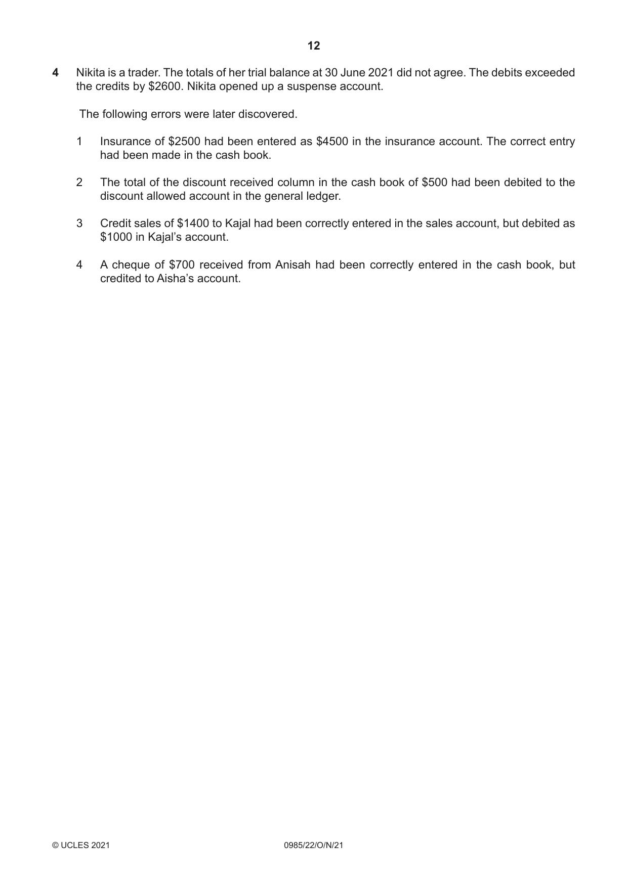 Cambridge IGCSE Accounting (9-1) 0985 2021 Oct/Nov Paper 2 · Variant 2 question paper, page 12 of 20