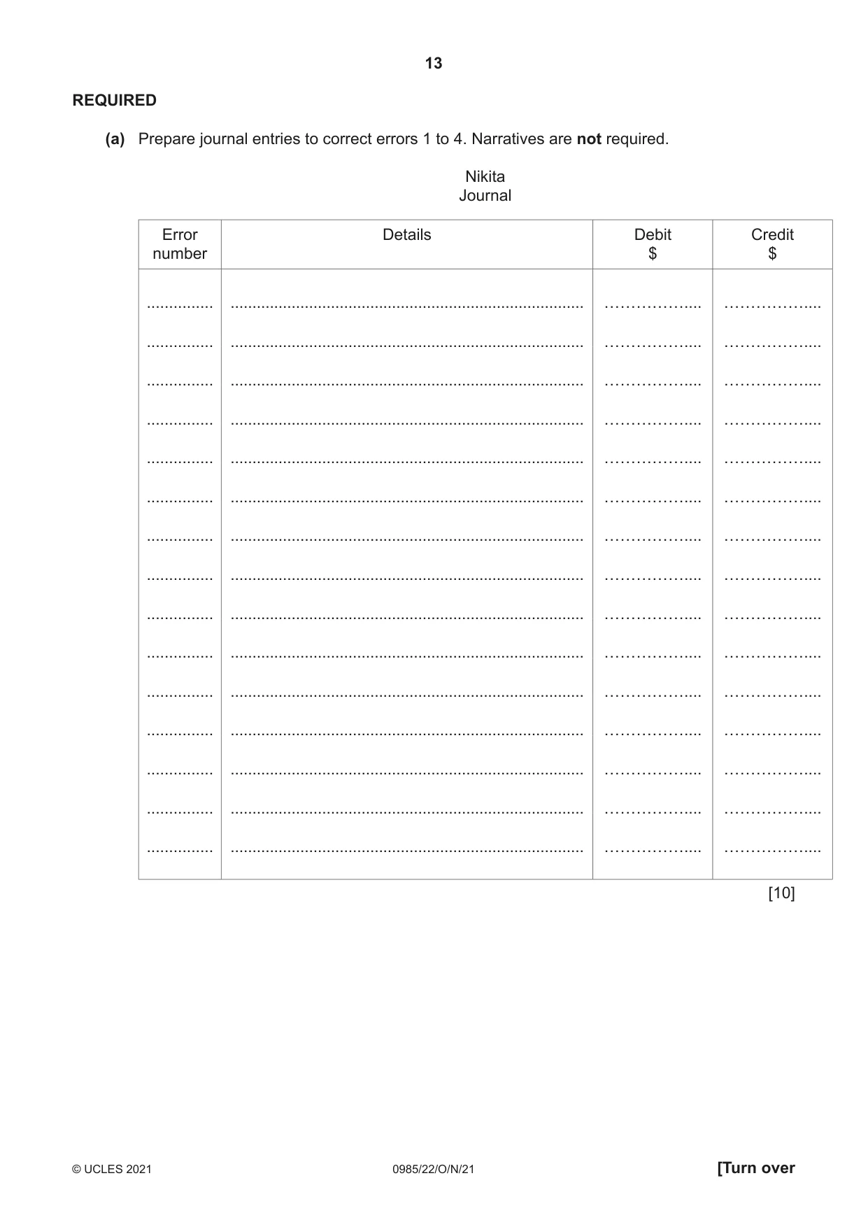 Cambridge IGCSE Accounting (9-1) 0985 2021 Oct/Nov Paper 2 · Variant 2 question paper, page 13 of 20