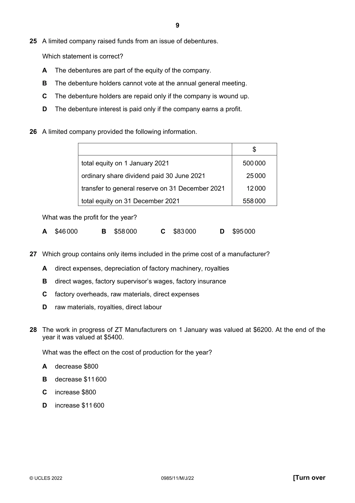Cambridge IGCSE Accounting (9-1) 0985 2022 May/June Paper 1 · Variant 1 question paper, page 9 of 12