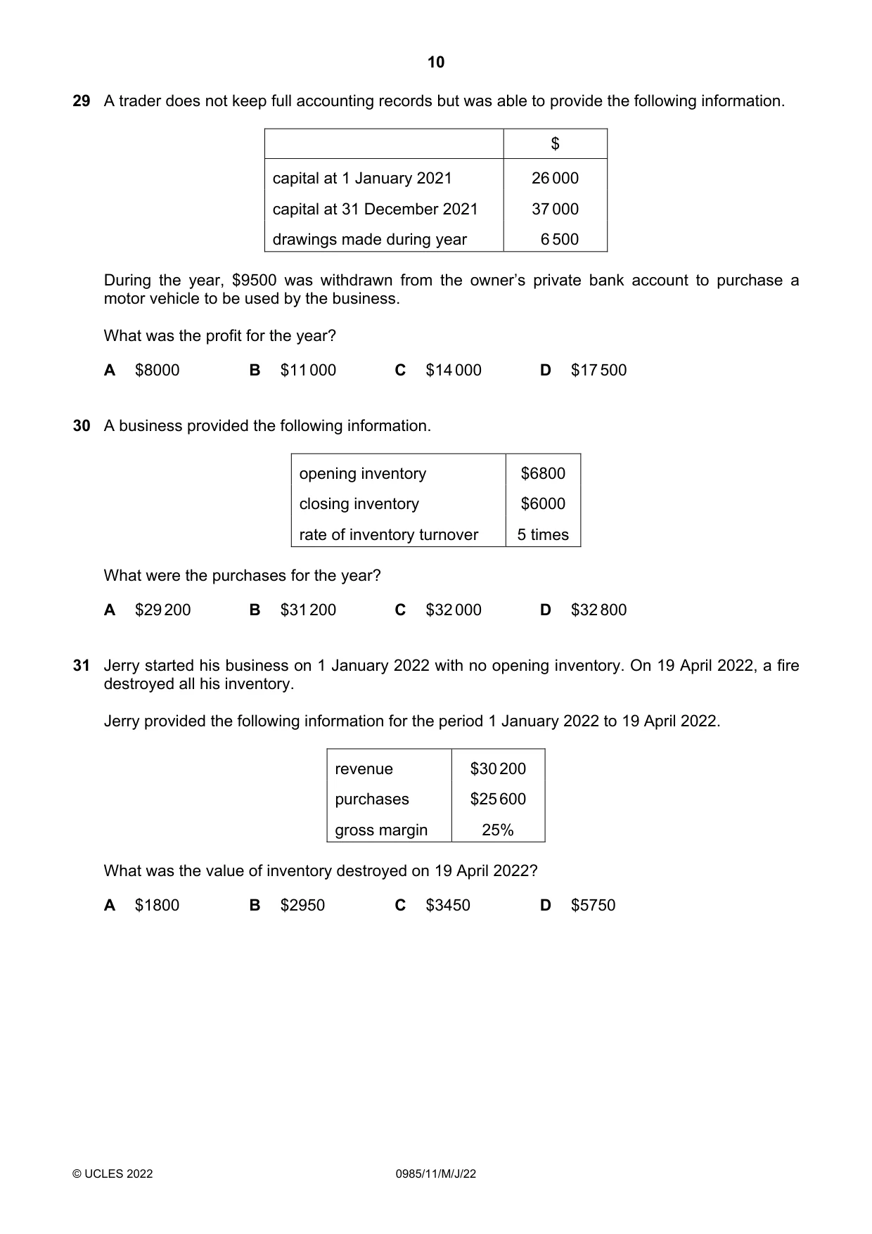 Cambridge IGCSE Accounting (9-1) 0985 2022 May/June Paper 1 · Variant 1 question paper, page 10 of 12