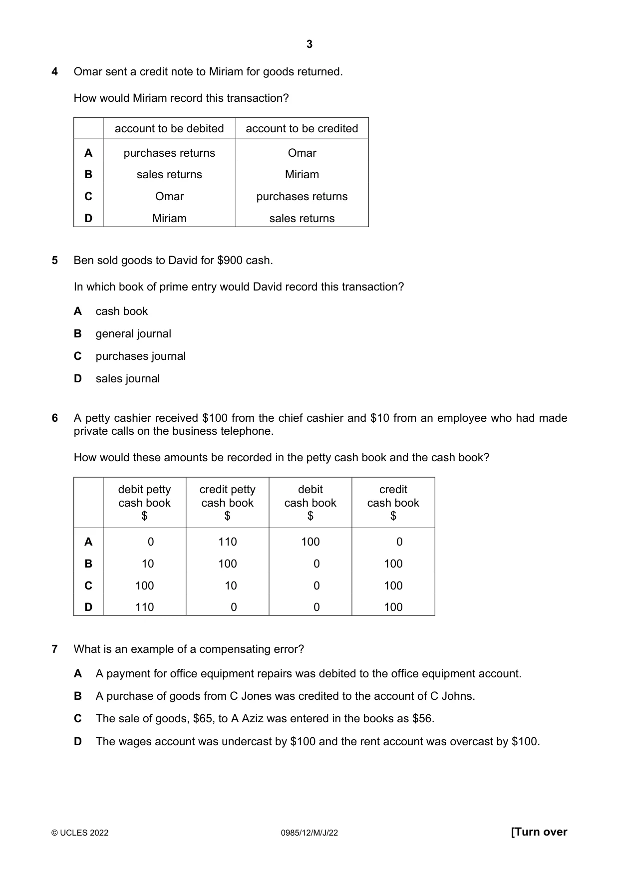 Cambridge IGCSE Accounting (9-1) 0985 2022 May/June Paper 1 · Variant 2 question paper, page 3 of 12