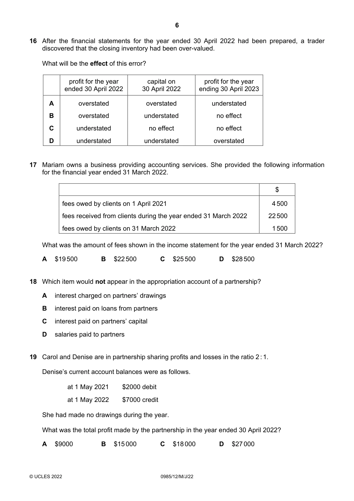 Cambridge IGCSE Accounting (9-1) 0985 2022 May/June Paper 1 · Variant 2 question paper, page 6 of 12