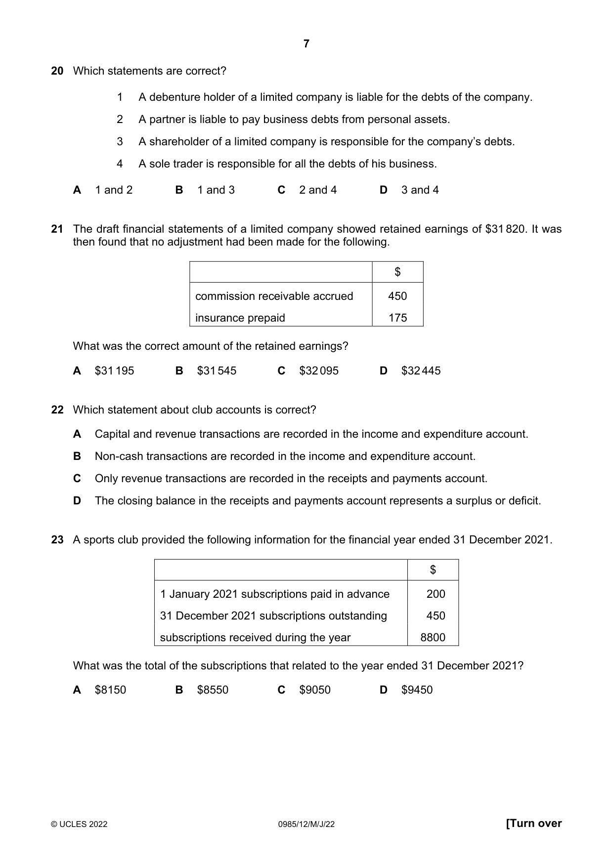 Cambridge IGCSE Accounting (9-1) 0985 2022 May/June Paper 1 · Variant 2 question paper, page 7 of 12
