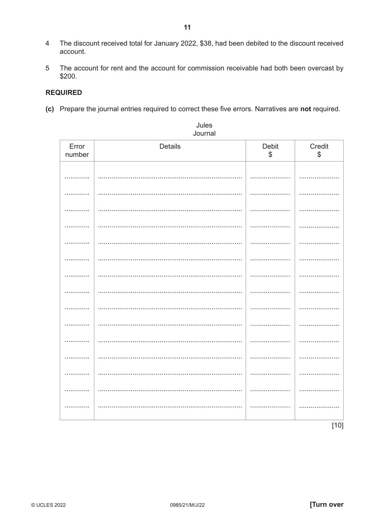 Cambridge IGCSE Accounting (9-1) 0985 2022 May/June Paper 2 · Variant 1 question paper, page 11 of 20