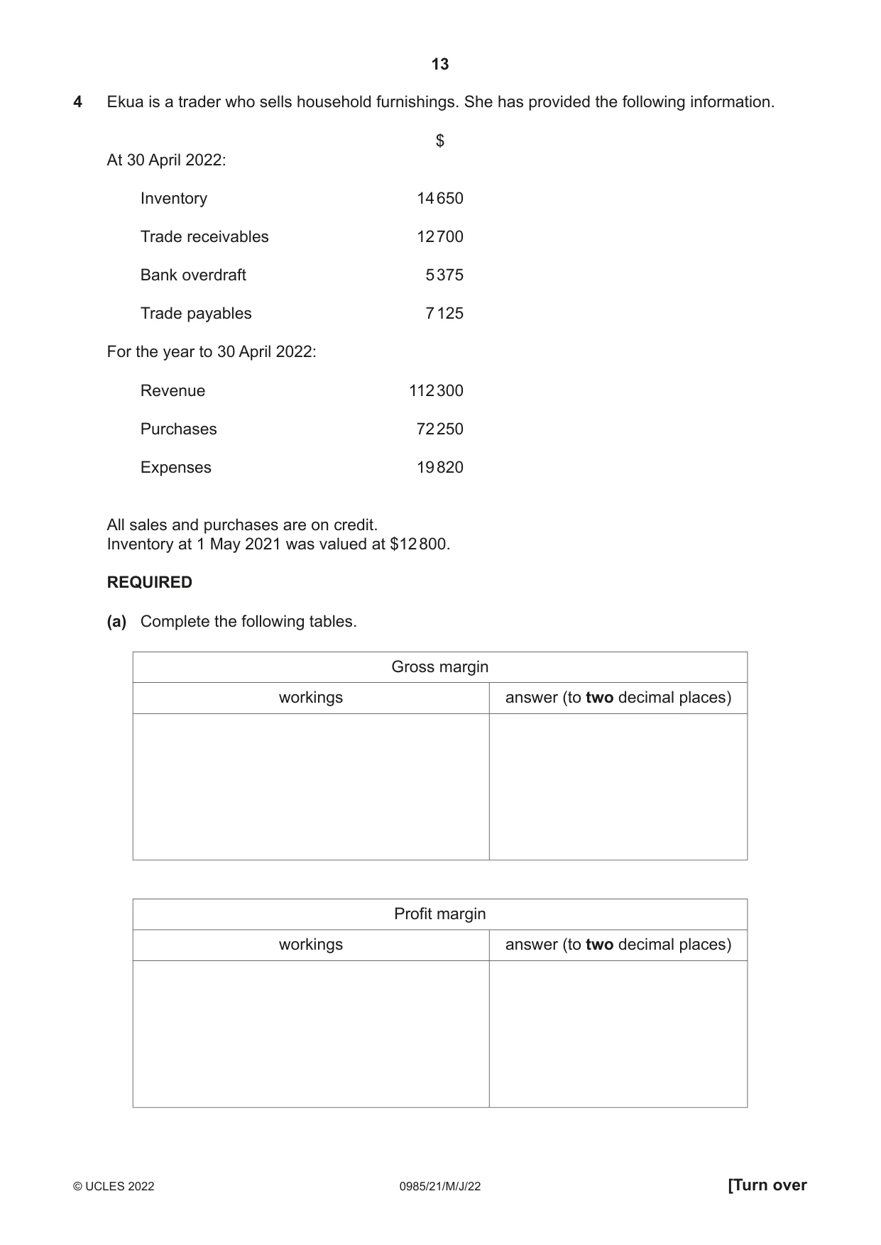 Cambridge IGCSE Accounting (9-1) 0985 2022 May/June Paper 2 · Variant 1 question paper, page 13 of 20