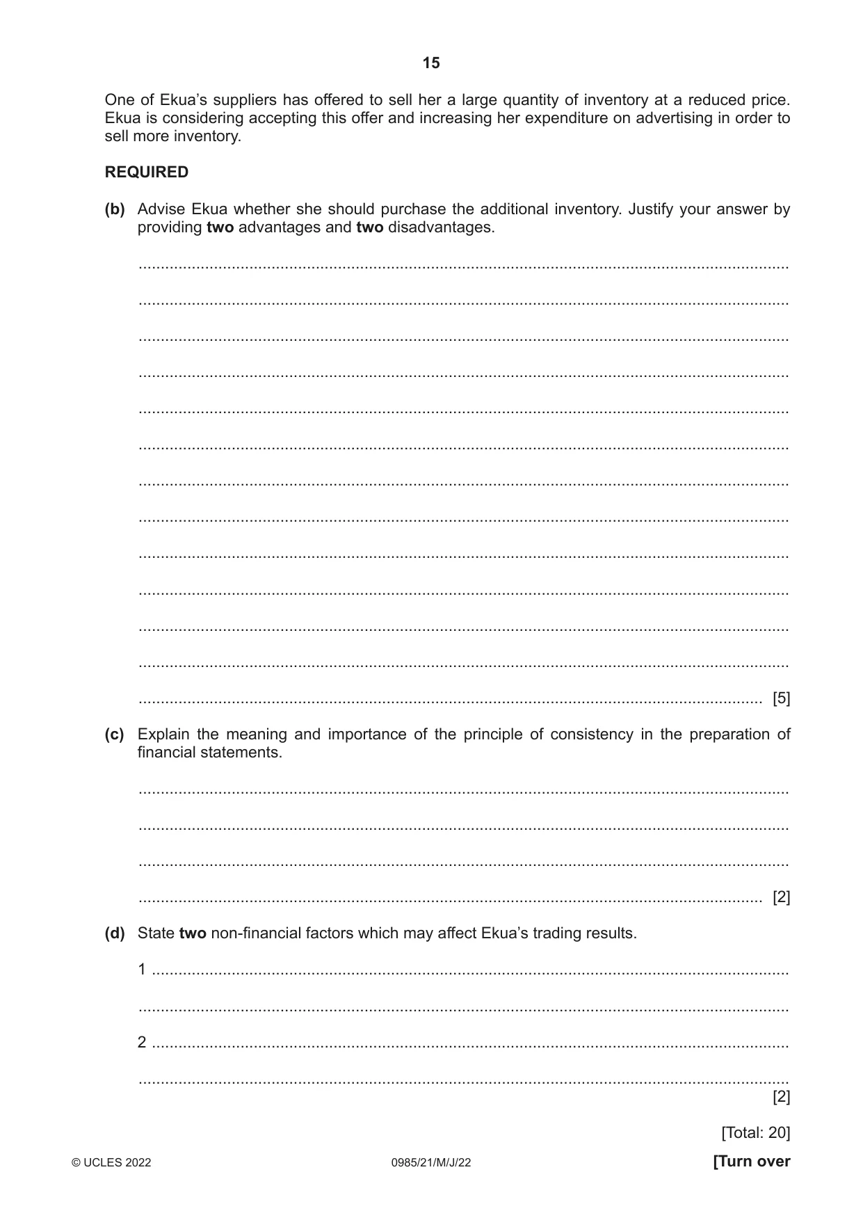 Cambridge IGCSE Accounting (9-1) 0985 2022 May/June Paper 2 · Variant 1 question paper, page 15 of 20