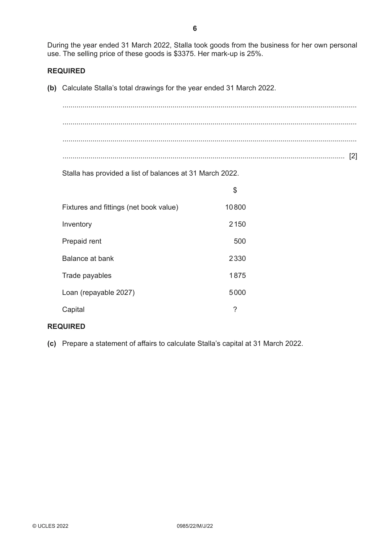 Cambridge IGCSE Accounting (9-1) 0985 2022 May/June Paper 2 · Variant 2 question paper, page 6 of 20