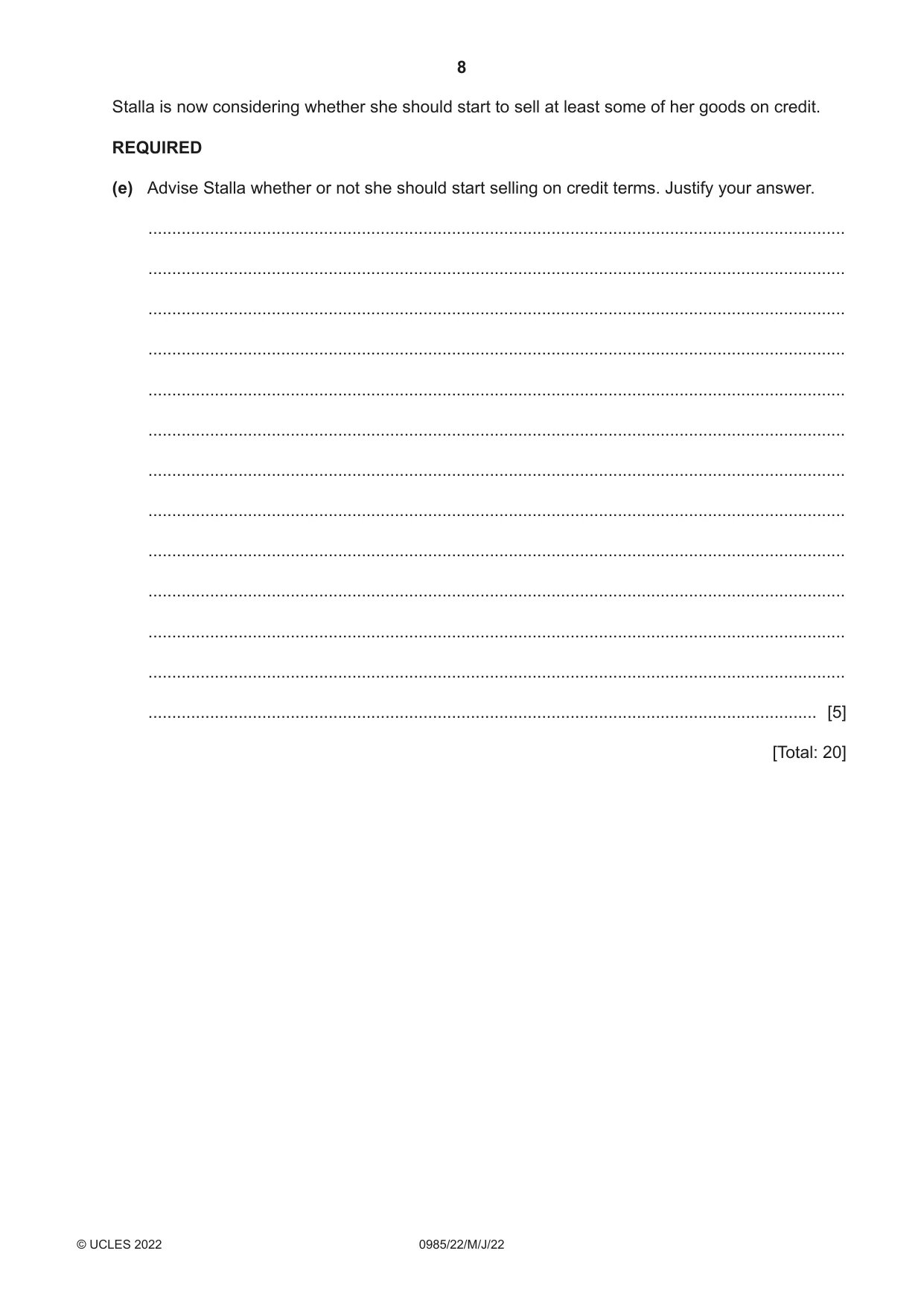 Cambridge IGCSE Accounting (9-1) 0985 2022 May/June Paper 2 · Variant 2 question paper, page 8 of 20