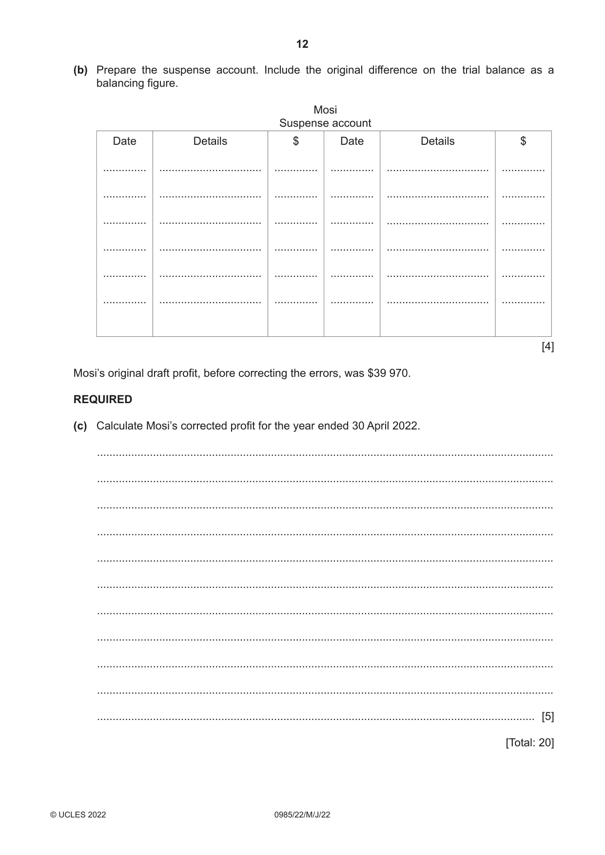 Cambridge IGCSE Accounting (9-1) 0985 2022 May/June Paper 2 · Variant 2 question paper, page 12 of 20