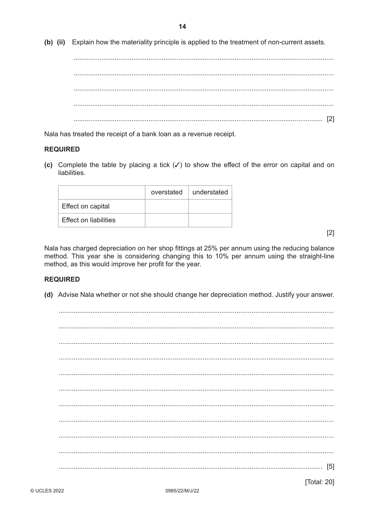 Cambridge IGCSE Accounting (9-1) 0985 2022 May/June Paper 2 · Variant 2 question paper, page 14 of 20