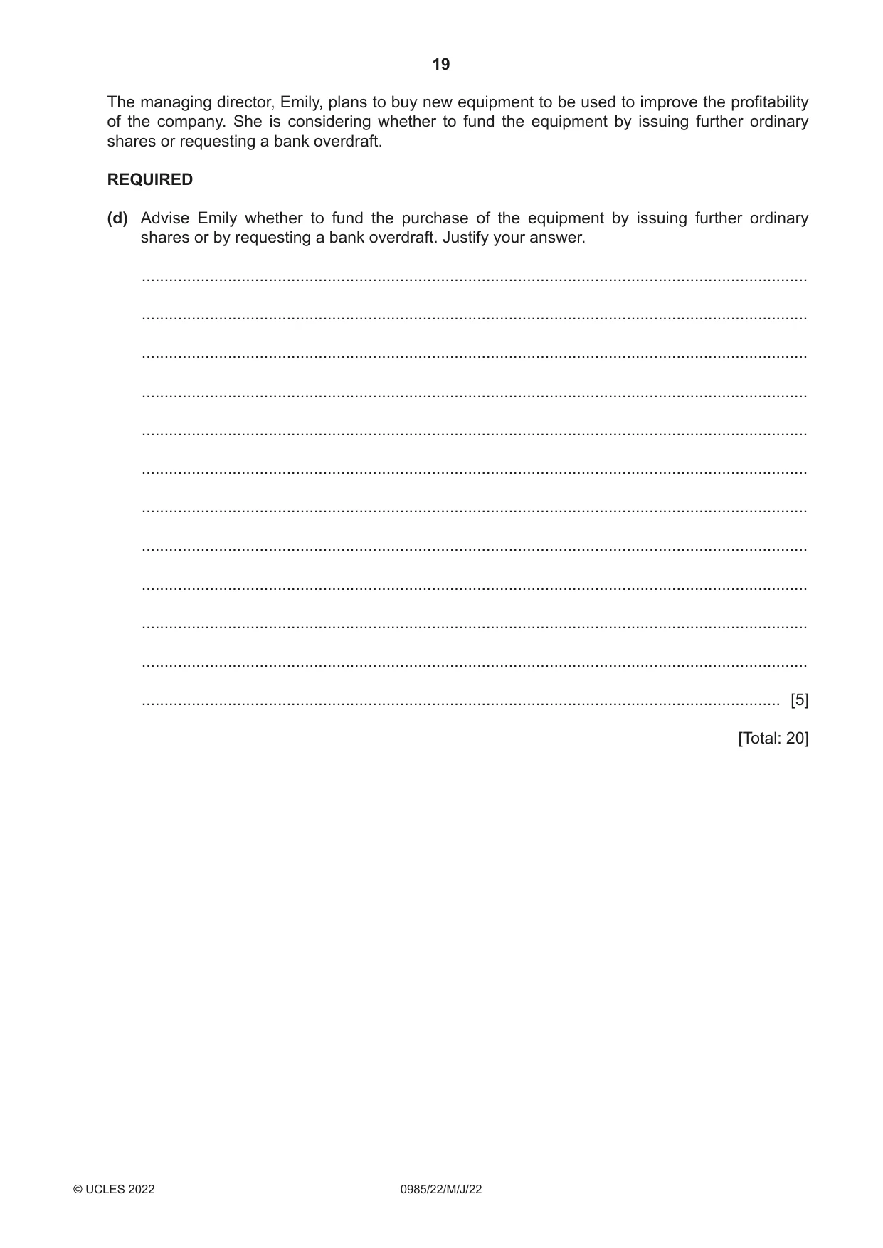 Cambridge IGCSE Accounting (9-1) 0985 2022 May/June Paper 2 · Variant 2 question paper, page 19 of 20