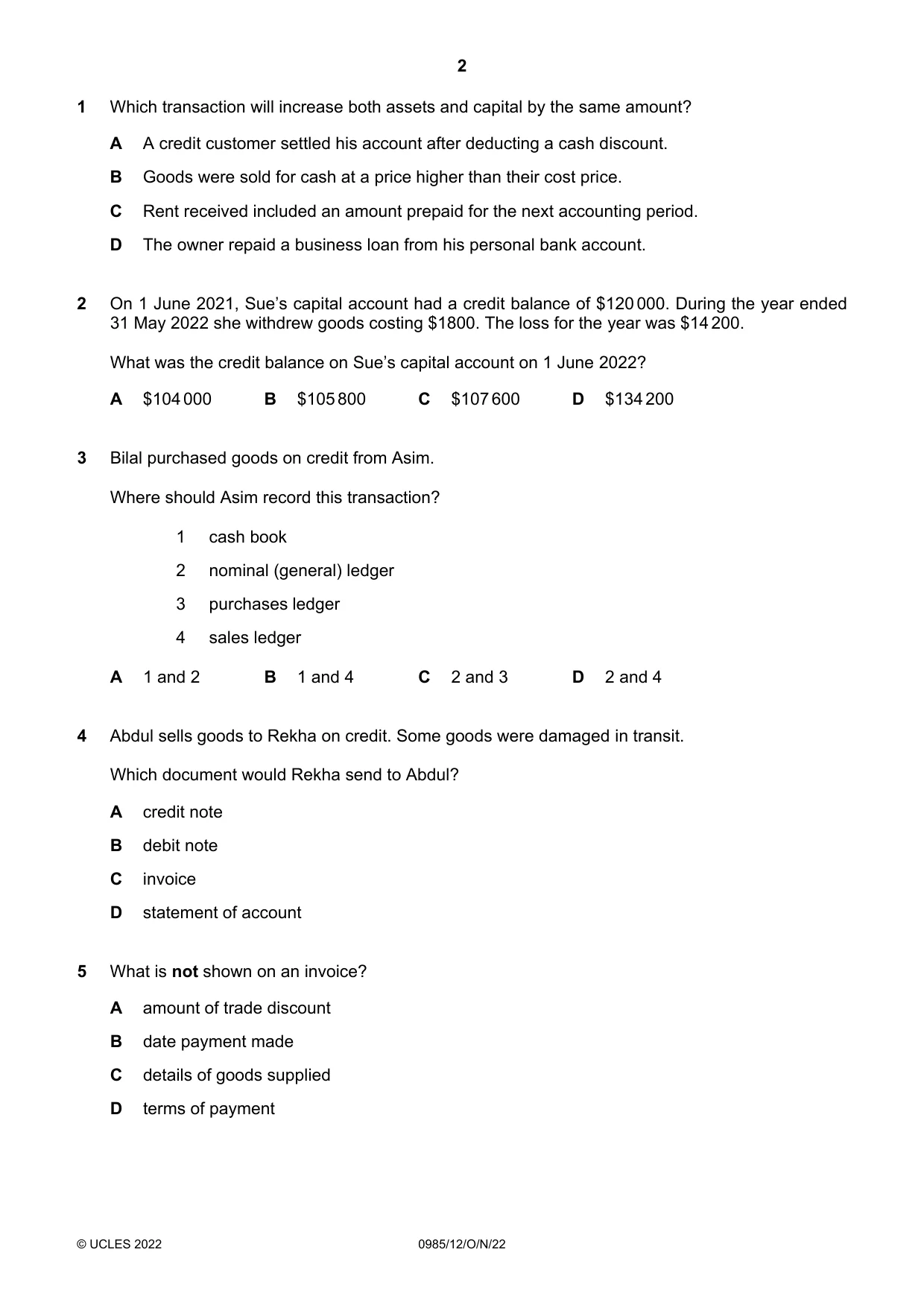 Cambridge IGCSE Accounting (9-1) 0985 2022 Oct/Nov Paper 1 · Variant 2 question paper, page 2 of 12