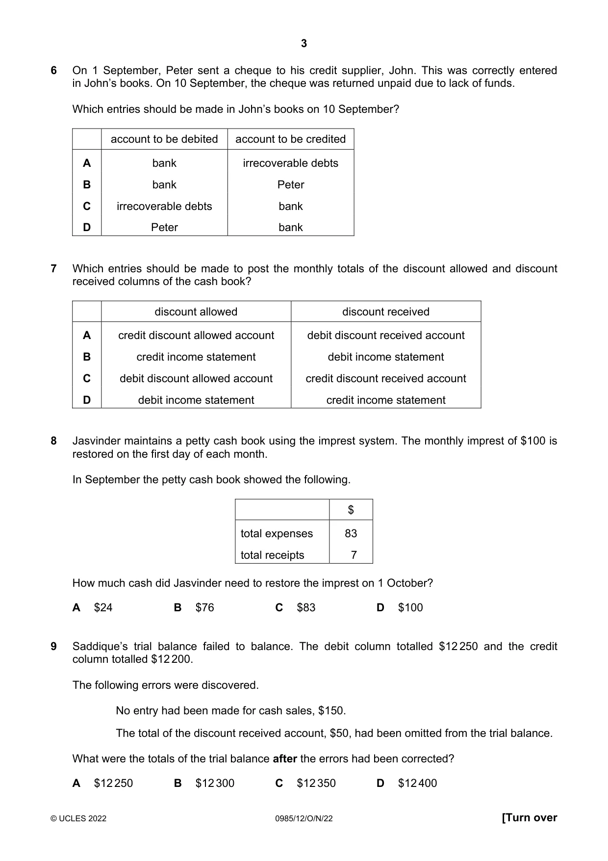 Cambridge IGCSE Accounting (9-1) 0985 2022 Oct/Nov Paper 1 · Variant 2 question paper, page 3 of 12