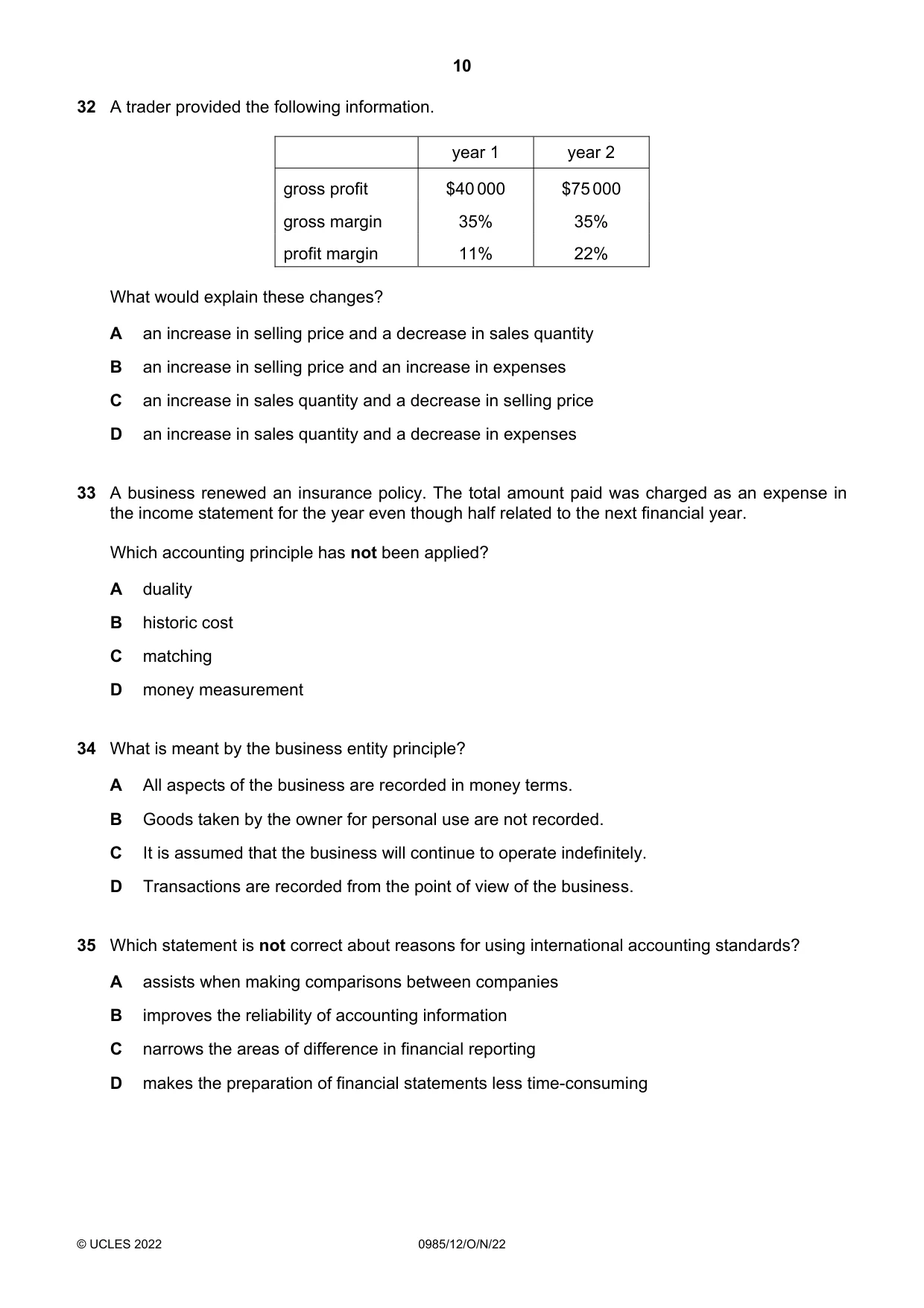 Cambridge IGCSE Accounting (9-1) 0985 2022 Oct/Nov Paper 1 · Variant 2 question paper, page 10 of 12