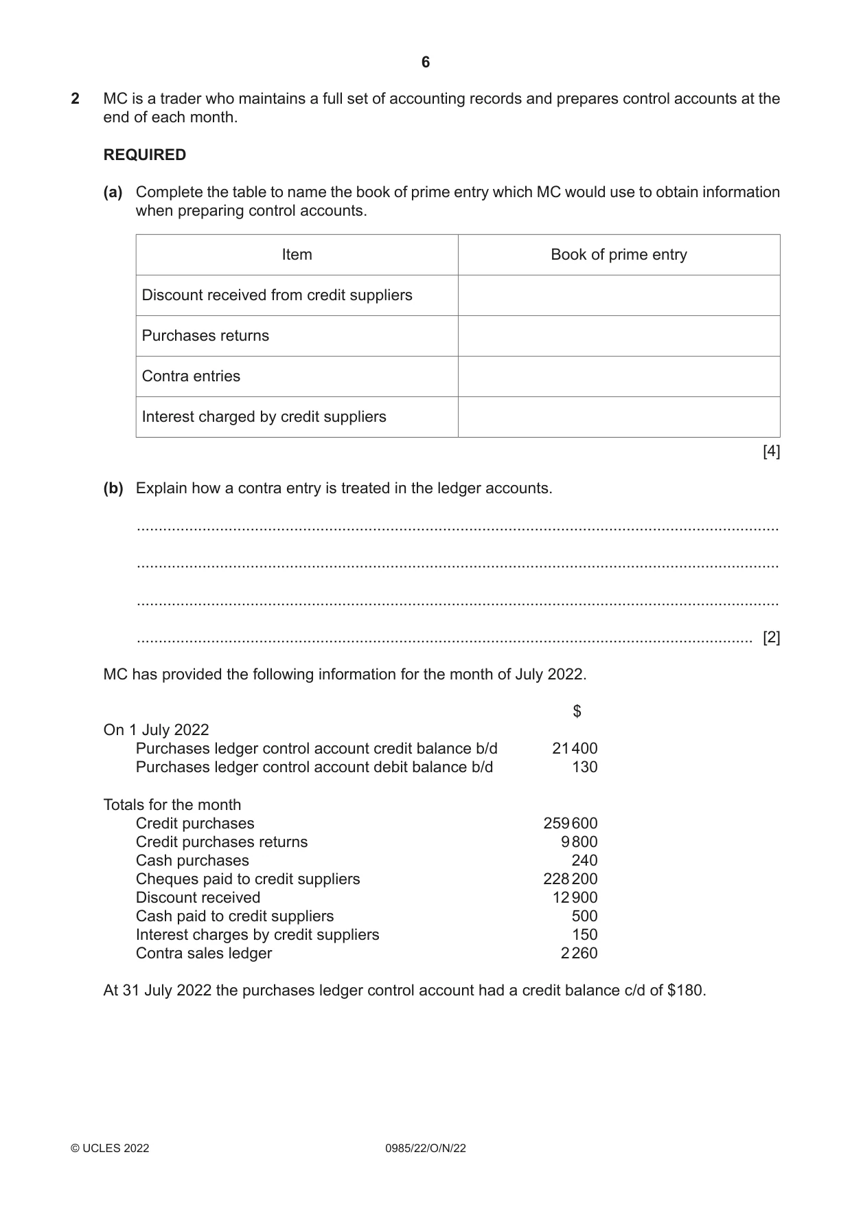 Cambridge IGCSE Accounting (9-1) 0985 2022 Oct/Nov Paper 2 · Variant 2 question paper, page 6 of 20