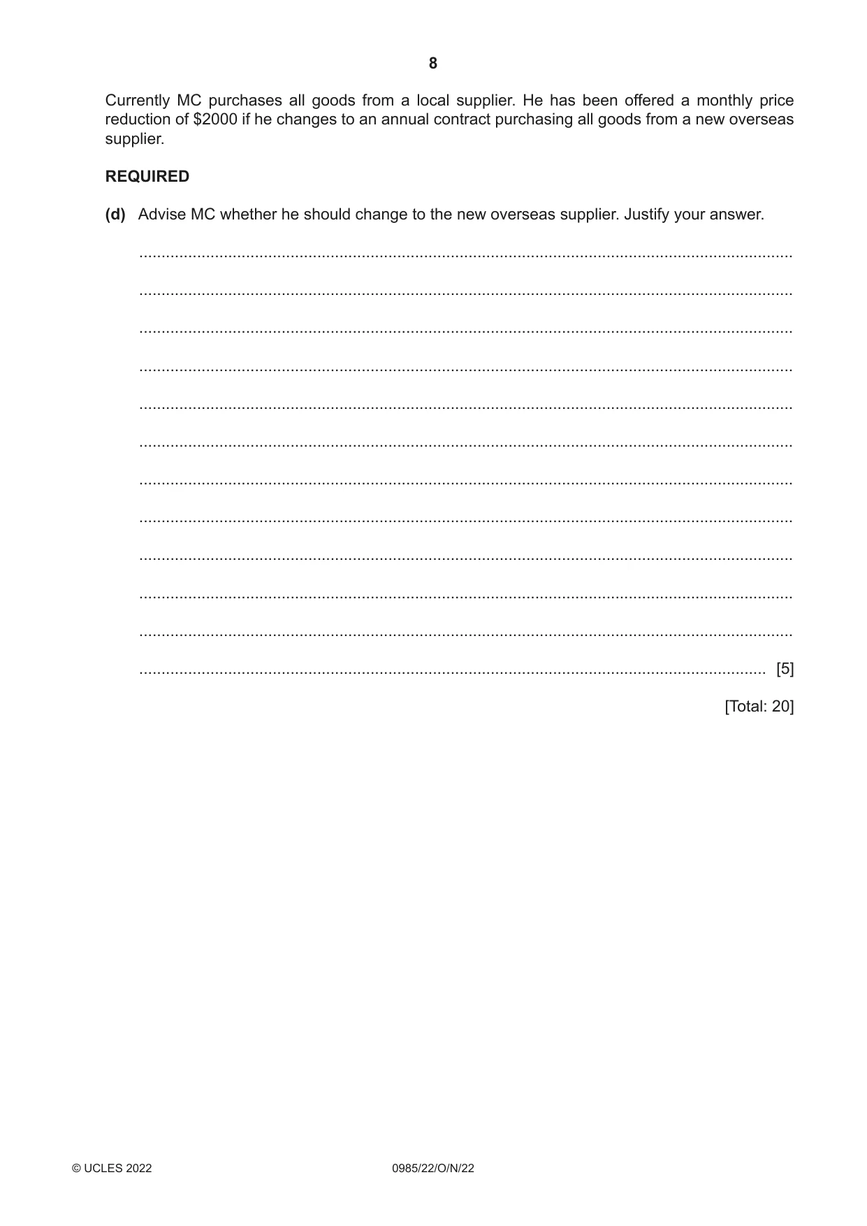 Cambridge IGCSE Accounting (9-1) 0985 2022 Oct/Nov Paper 2 · Variant 2 question paper, page 8 of 20