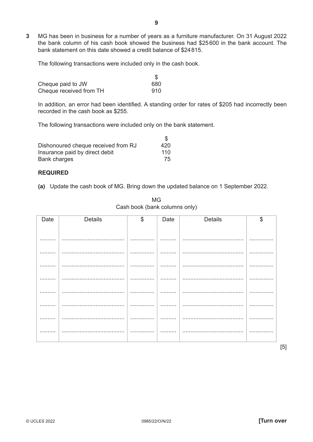 Cambridge IGCSE Accounting (9-1) 0985 2022 Oct/Nov Paper 2 · Variant 2 question paper, page 9 of 20