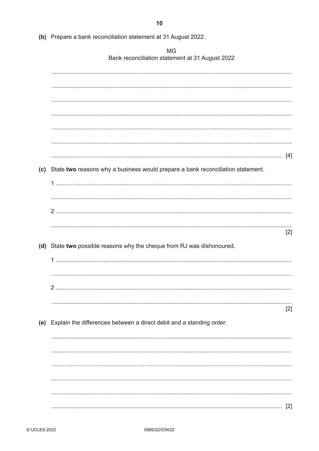 Cambridge IGCSE Accounting (9-1) 0985 2022 Oct/Nov Paper 2 · Variant 2 question paper, page 10 of 20
