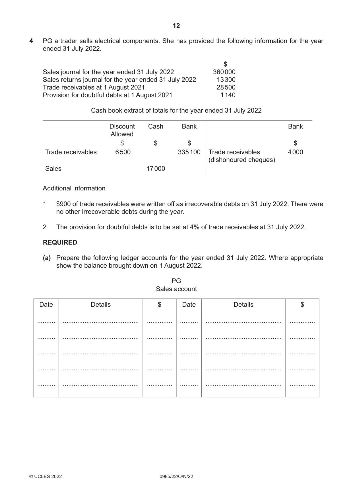 Cambridge IGCSE Accounting (9-1) 0985 2022 Oct/Nov Paper 2 · Variant 2 question paper, page 12 of 20