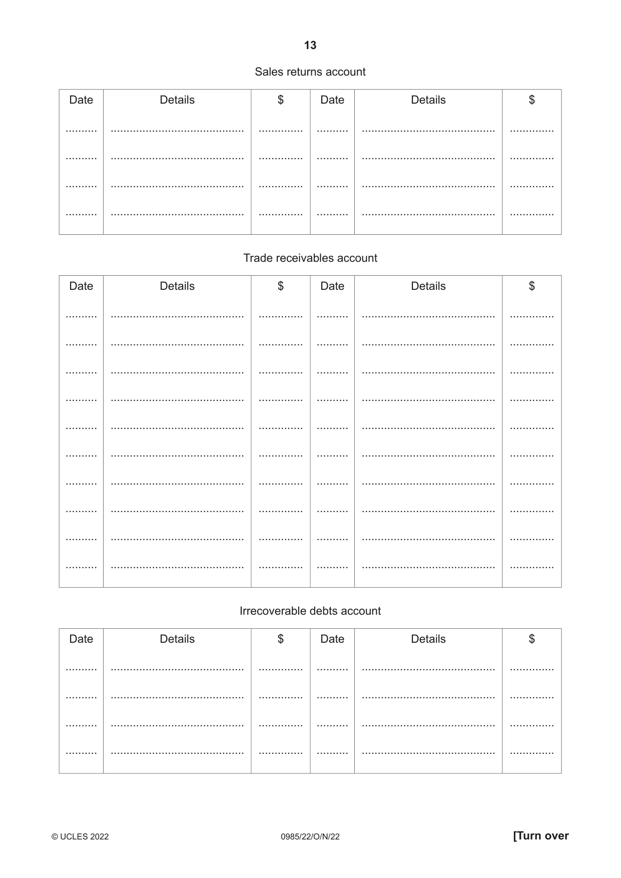 Cambridge IGCSE Accounting (9-1) 0985 2022 Oct/Nov Paper 2 · Variant 2 question paper, page 13 of 20