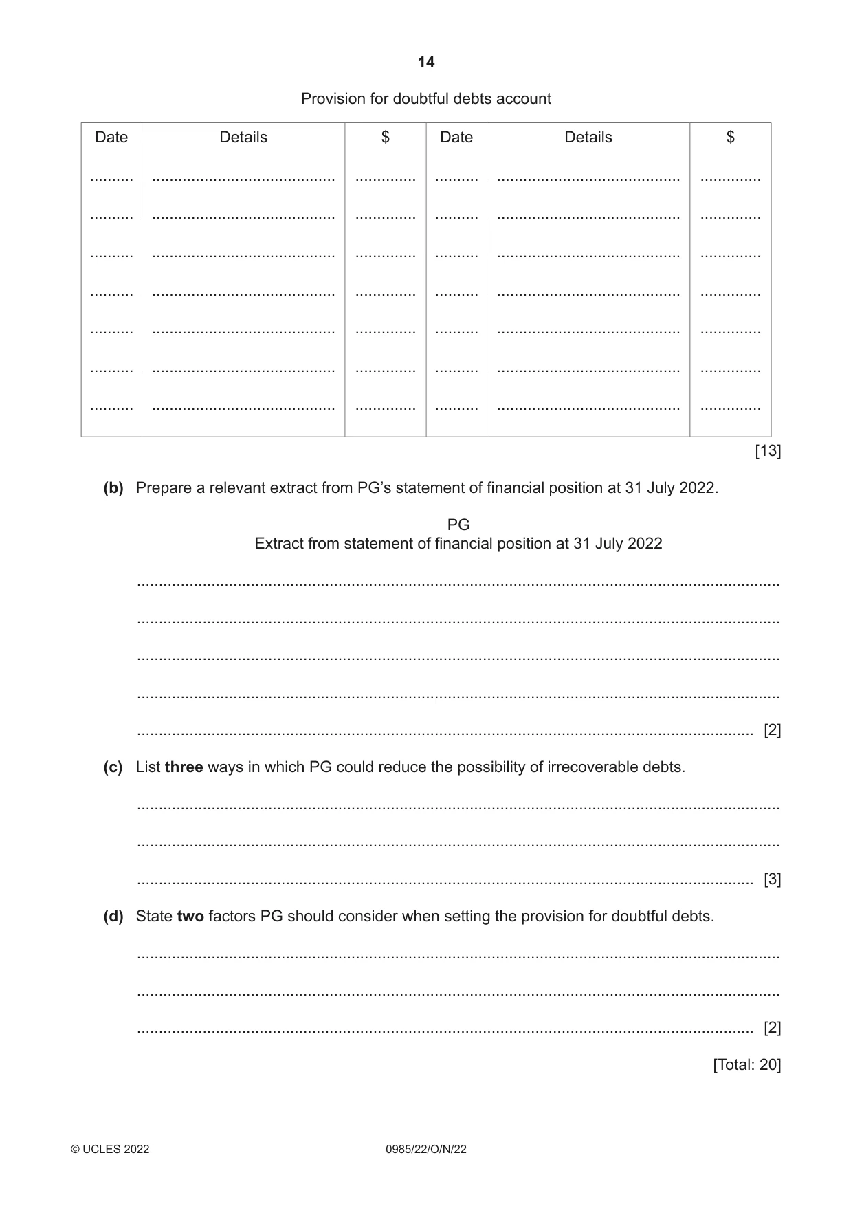 Cambridge IGCSE Accounting (9-1) 0985 2022 Oct/Nov Paper 2 · Variant 2 question paper, page 14 of 20