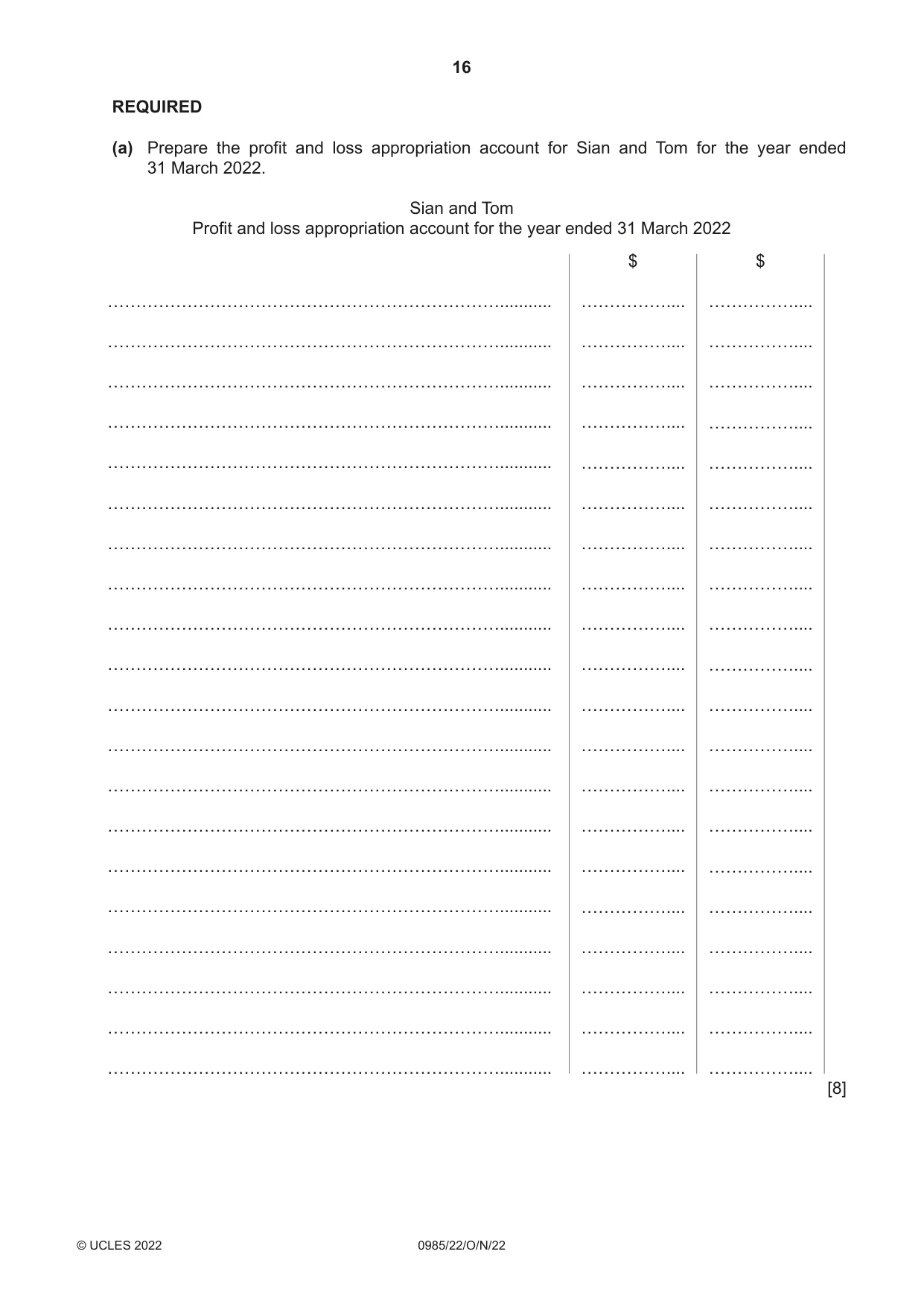 Cambridge IGCSE Accounting (9-1) 0985 2022 Oct/Nov Paper 2 · Variant 2 question paper, page 16 of 20