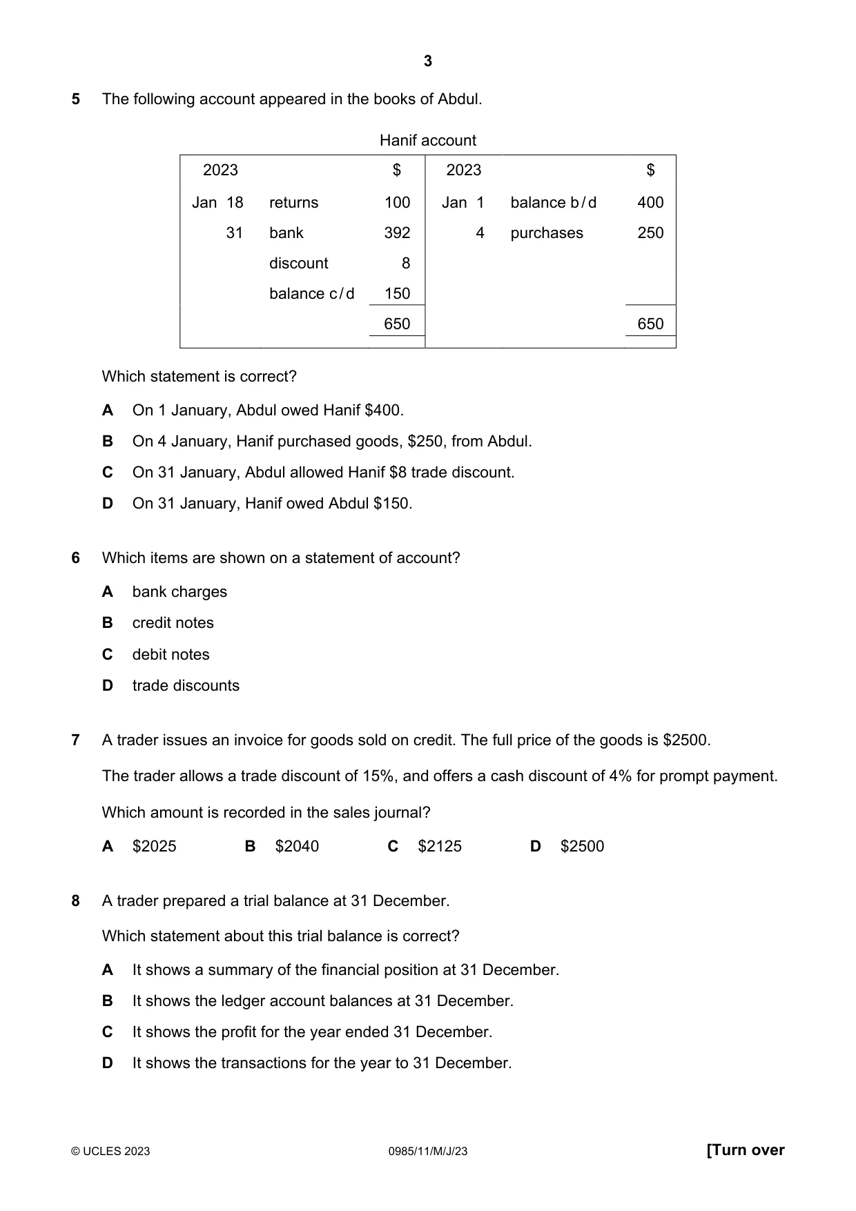 Cambridge IGCSE Accounting (9-1) 0985 2023 May/June Paper 1 · Variant 1 question paper, page 3 of 12