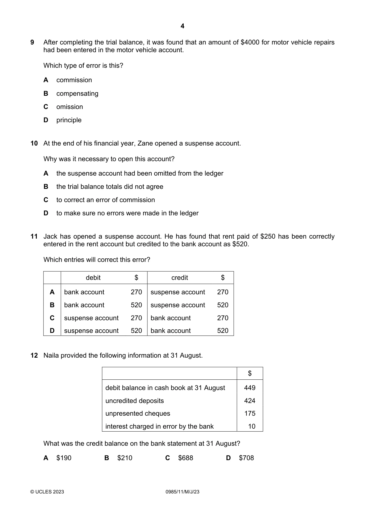 Cambridge IGCSE Accounting (9-1) 0985 2023 May/June Paper 1 · Variant 1 question paper, page 4 of 12