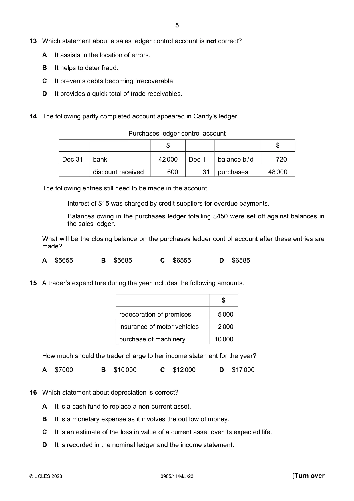 Cambridge IGCSE Accounting (9-1) 0985 2023 May/June Paper 1 · Variant 1 question paper, page 5 of 12