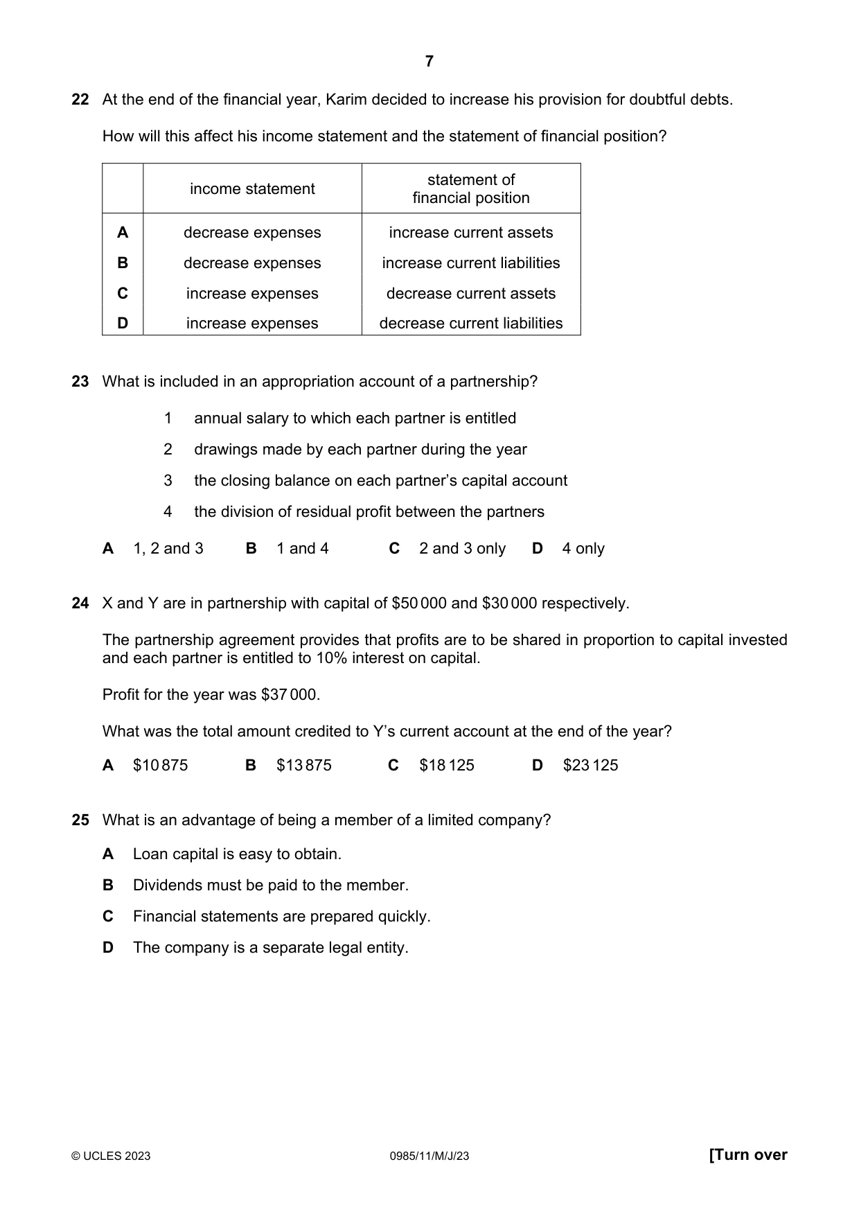 Cambridge IGCSE Accounting (9-1) 0985 2023 May/June Paper 1 · Variant 1 question paper, page 7 of 12