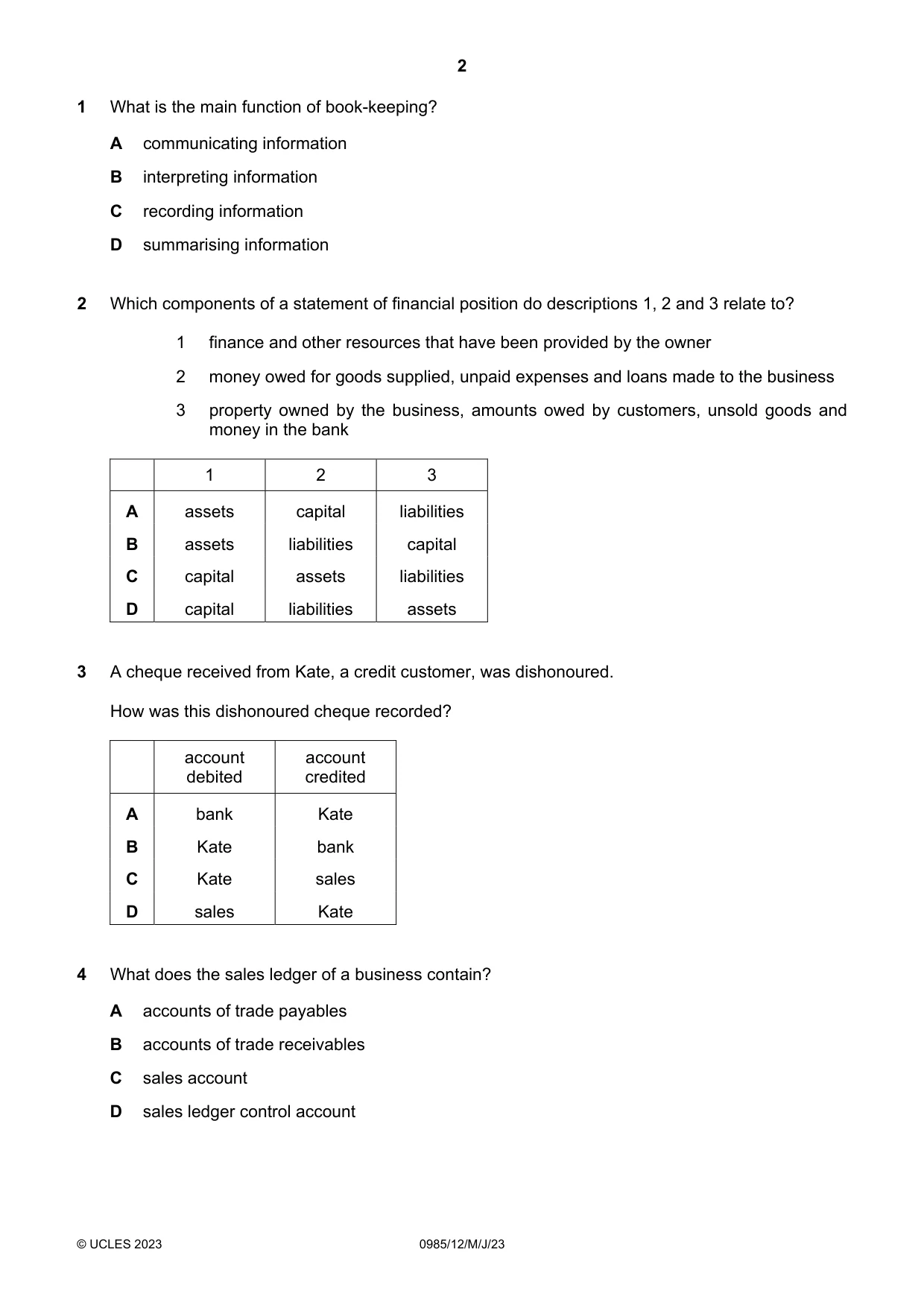 Cambridge IGCSE Accounting (9-1) 0985 2023 May/June Paper 1 · Variant 2 question paper, page 2 of 12