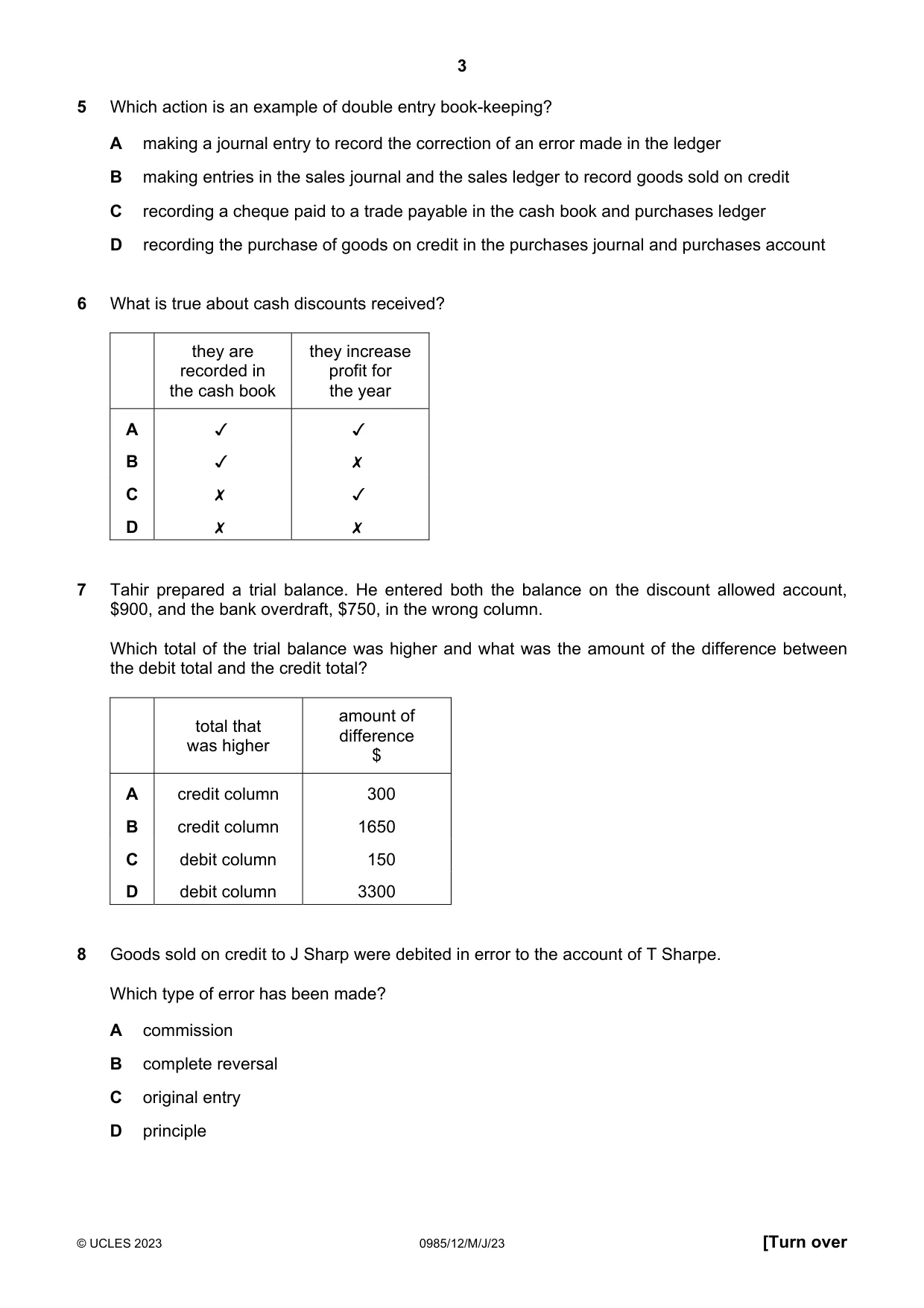 Cambridge IGCSE Accounting (9-1) 0985 2023 May/June Paper 1 · Variant 2 question paper, page 3 of 12