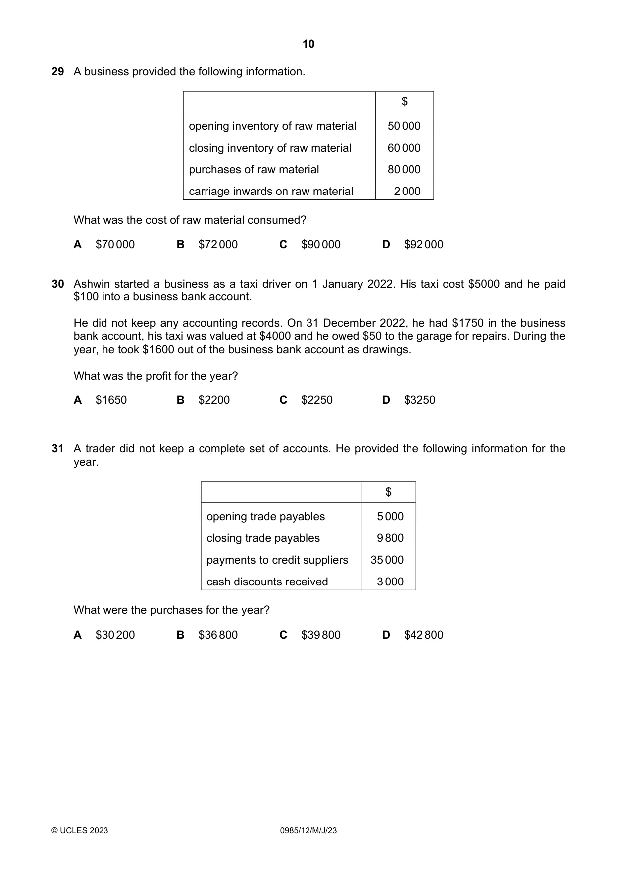Cambridge IGCSE Accounting (9-1) 0985 2023 May/June Paper 1 · Variant 2 question paper, page 10 of 12
