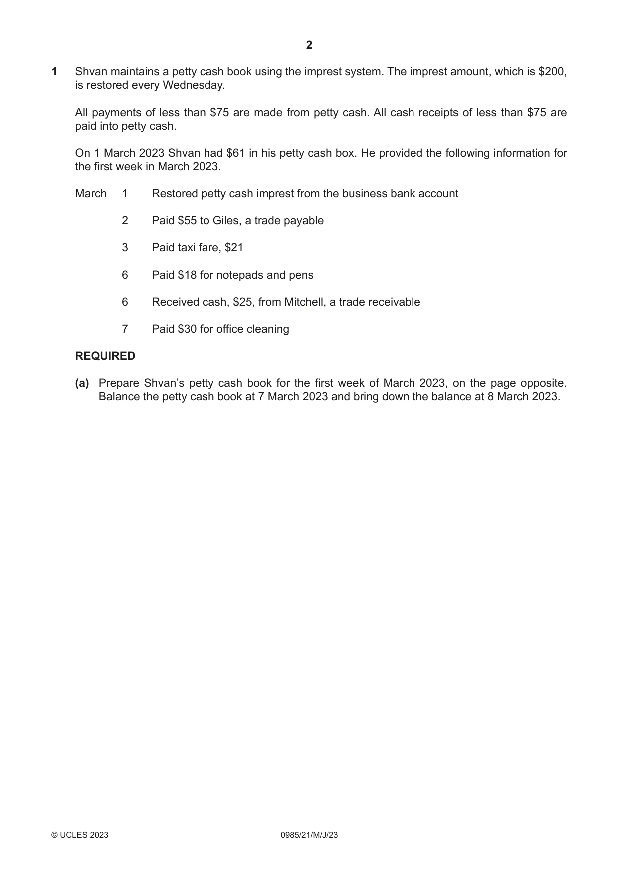 Cambridge IGCSE Accounting (9-1) 0985 2023 May/June Paper 2 · Variant 1 question paper, page 2 of 20