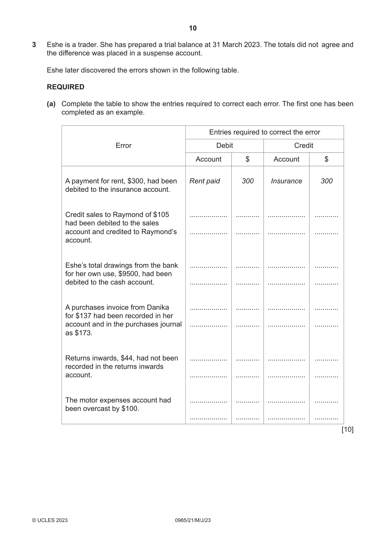 Cambridge IGCSE Accounting (9-1) 0985 2023 May/June Paper 2 · Variant 1 question paper, page 10 of 20