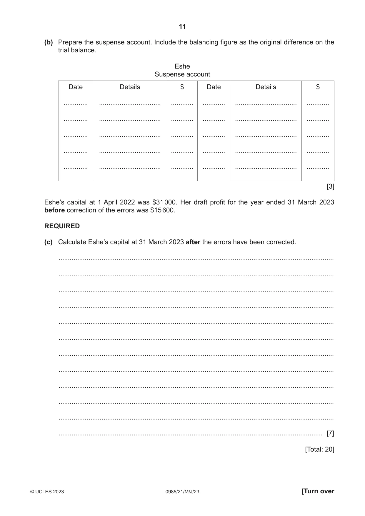 Cambridge IGCSE Accounting (9-1) 0985 2023 May/June Paper 2 · Variant 1 question paper, page 11 of 20